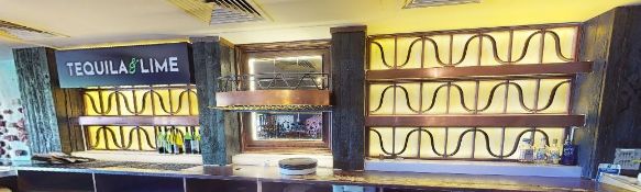 1 x Restaurant Back Bar Wall Area Including Copper Shelves, Opaque Back Panels and Bottle Shelves
