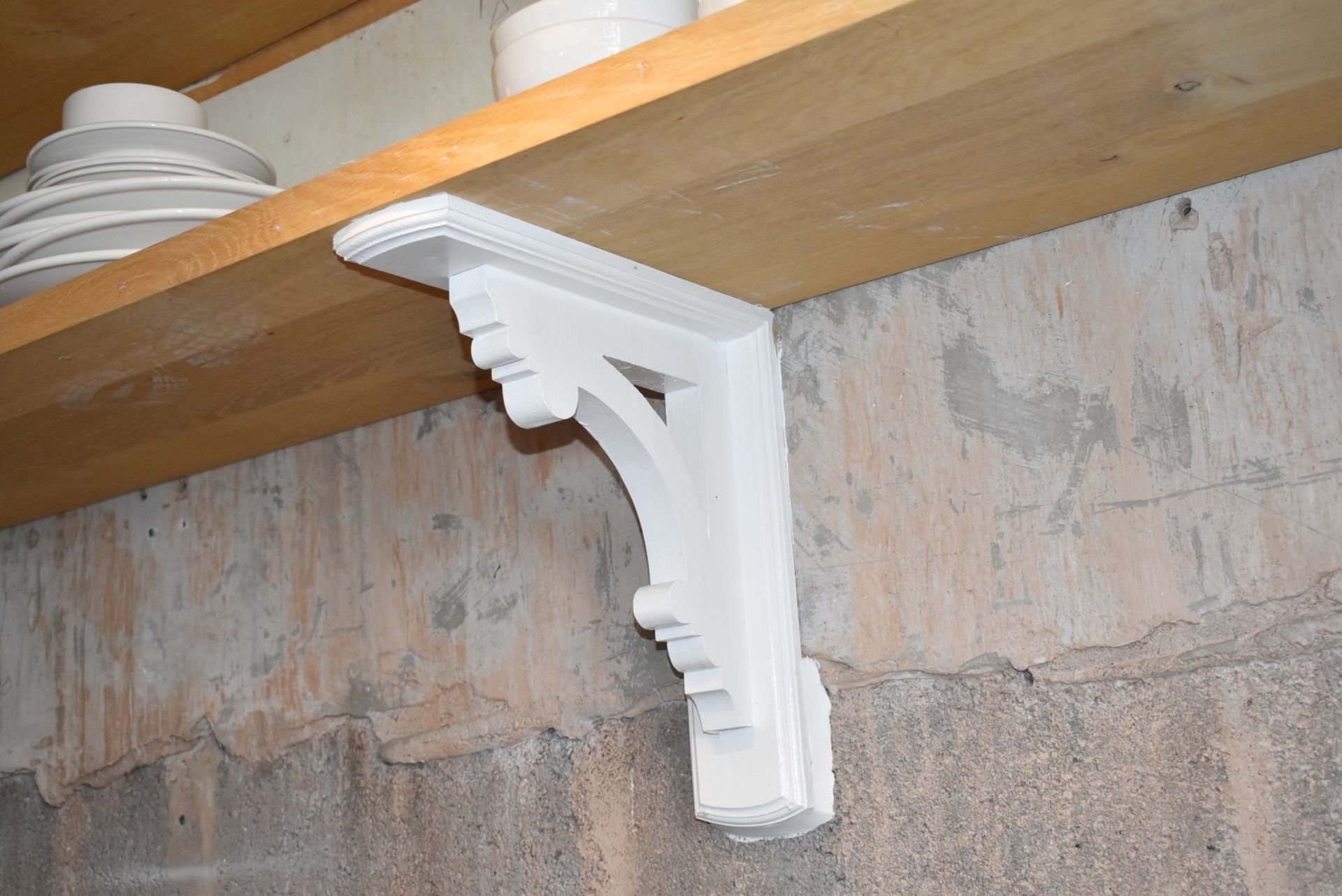 2 x 28ft Natural Oak Wall Shelves With Carved Wood Corbel Brackets Painted in White - Image 11 of 11