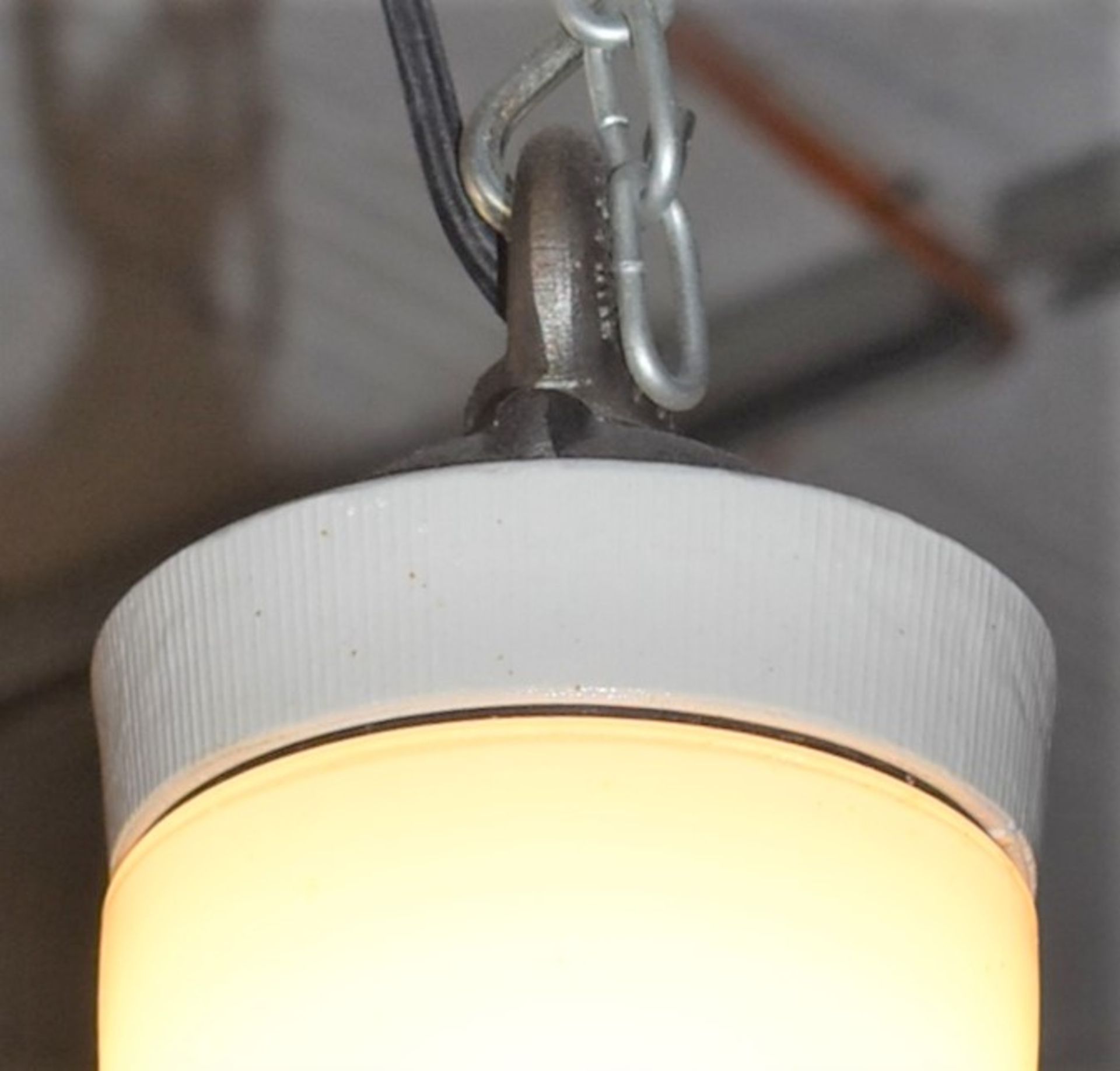 6 x Industrial Hanging Lamps With Porcelain Bases, White Opaline Glass and Cast Iron Hangers - Image 3 of 4