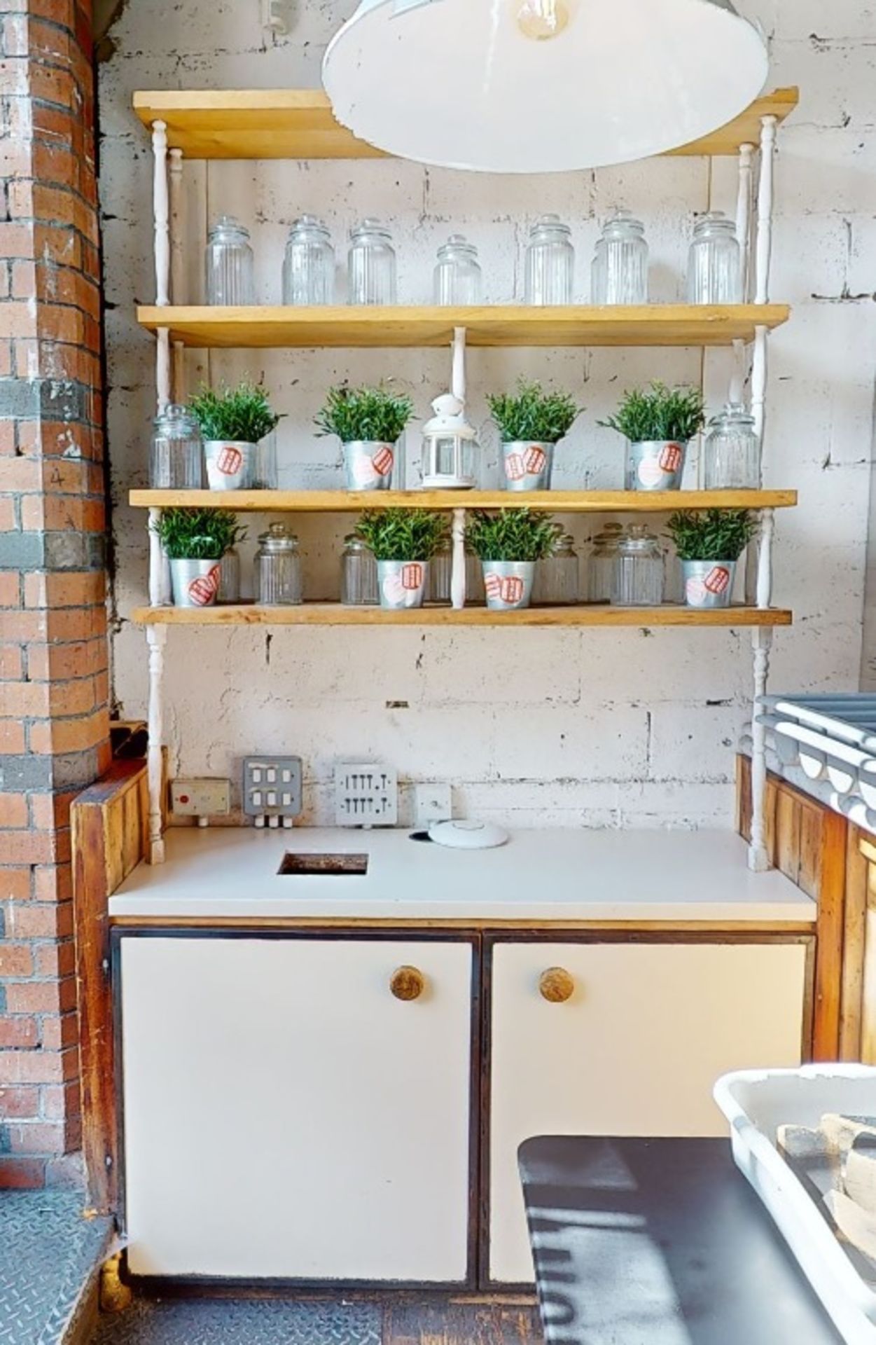 1 x Restaurant Service Station With Waste Bin Chute and Wood Shelves