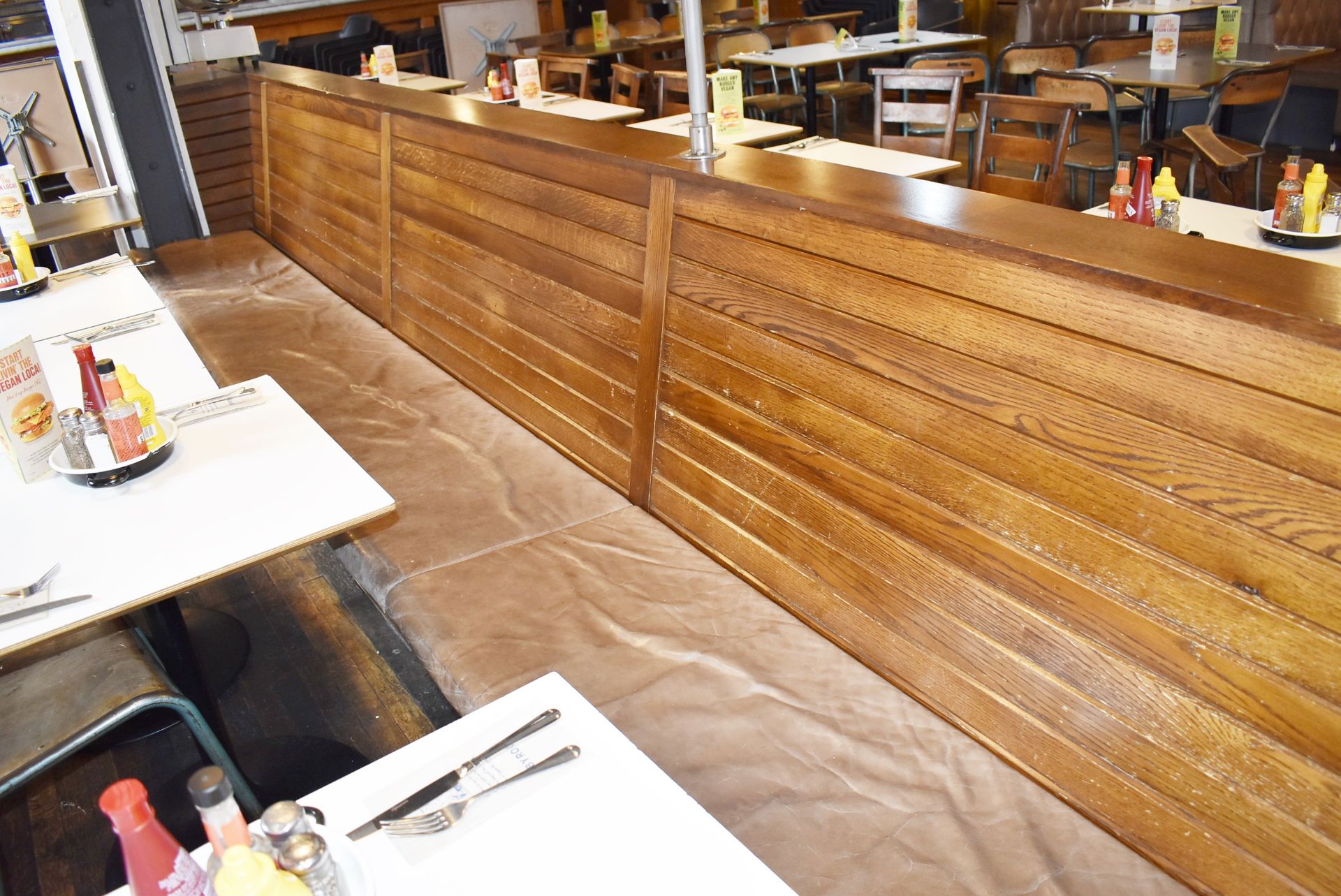 1 x Back to Back 23ft Seating Bench With Slatted Wood Backs and Brown Leather Seat Pads - Image 9 of 13