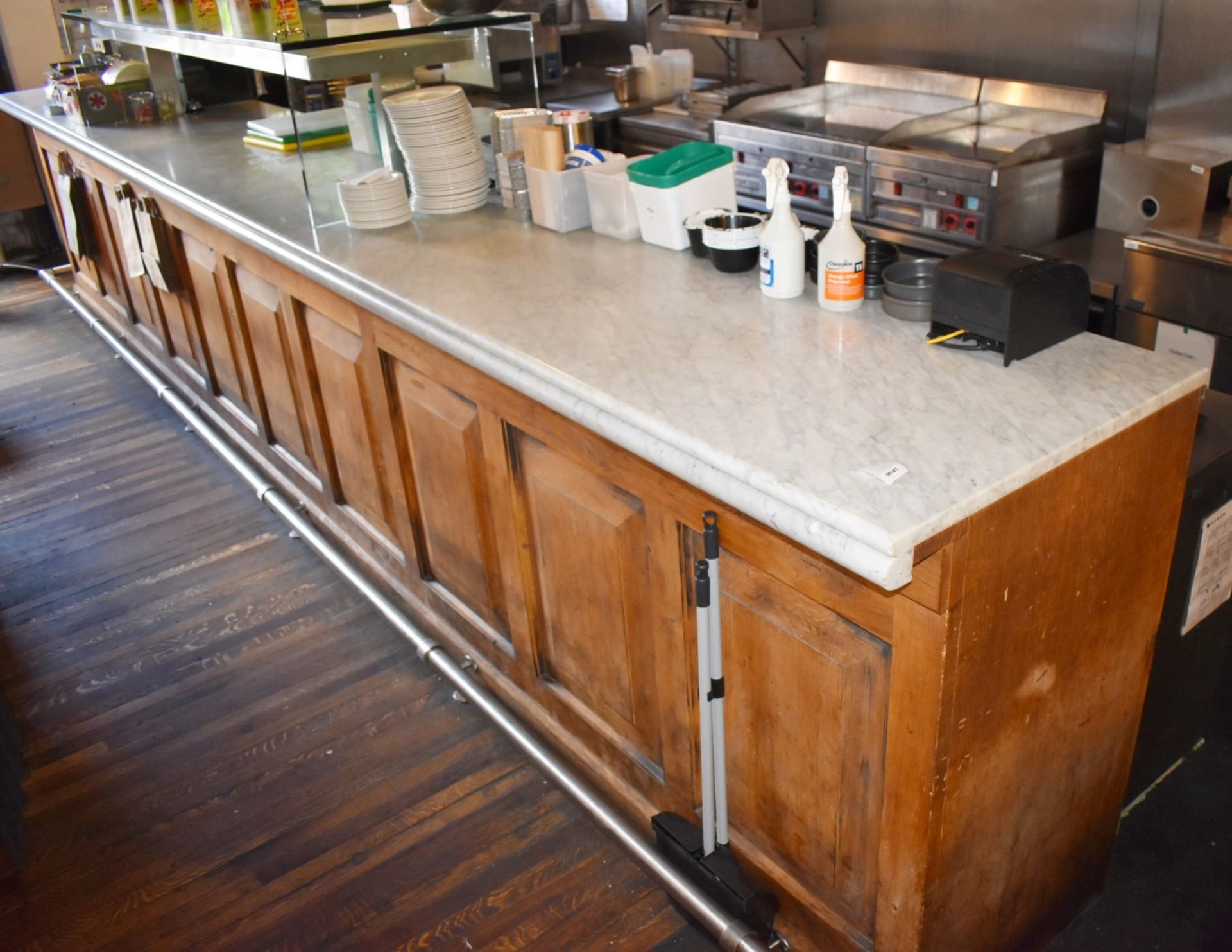 1 x Large 30ft Wood Panel Bar With White Marble Top, Heated Glass Gantry and Chrome Foot Rail - Image 7 of 22