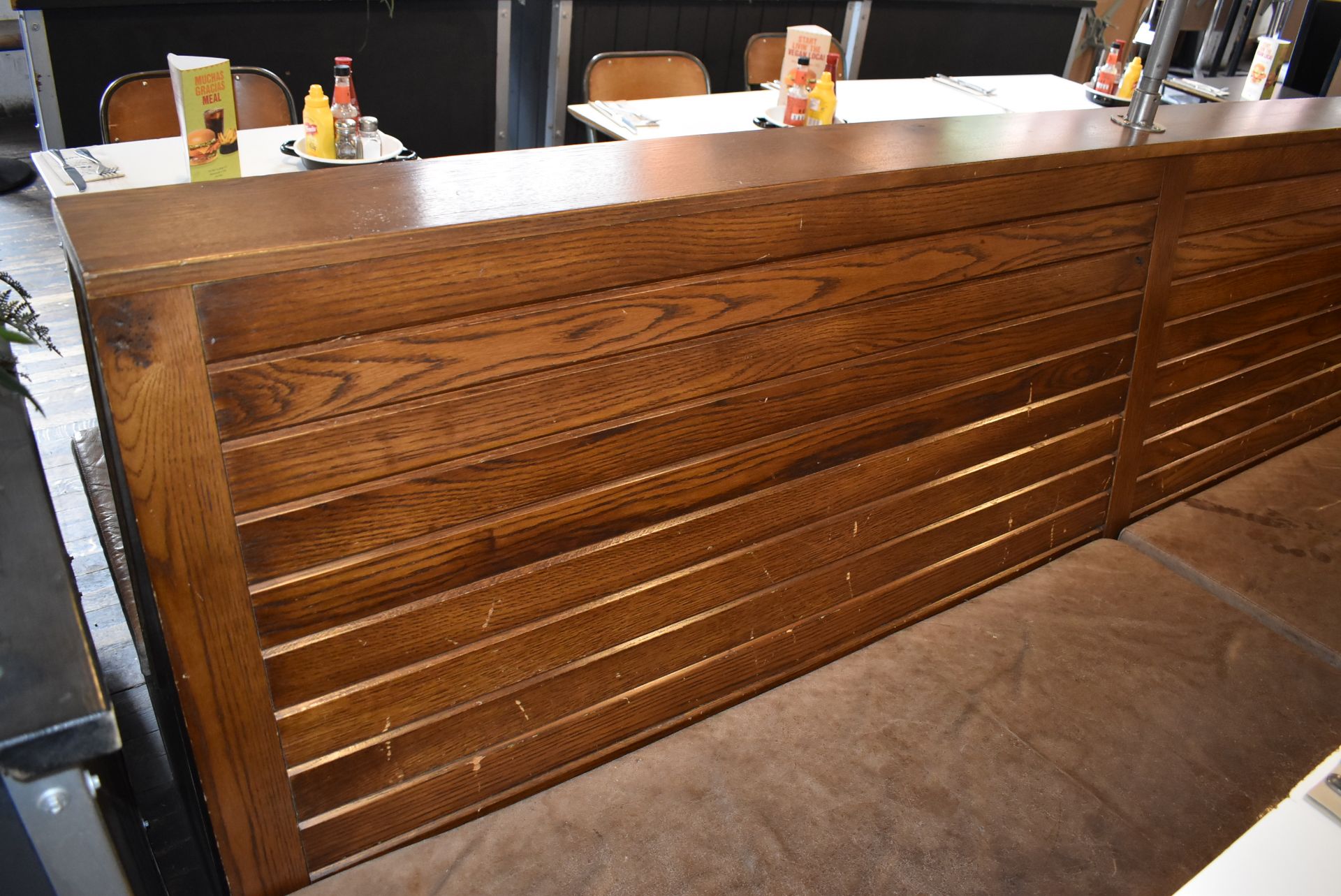 1 x Back to Back 23ft Seating Bench With Slatted Wood Backs and Brown Leather Seat Pads - Image 5 of 13