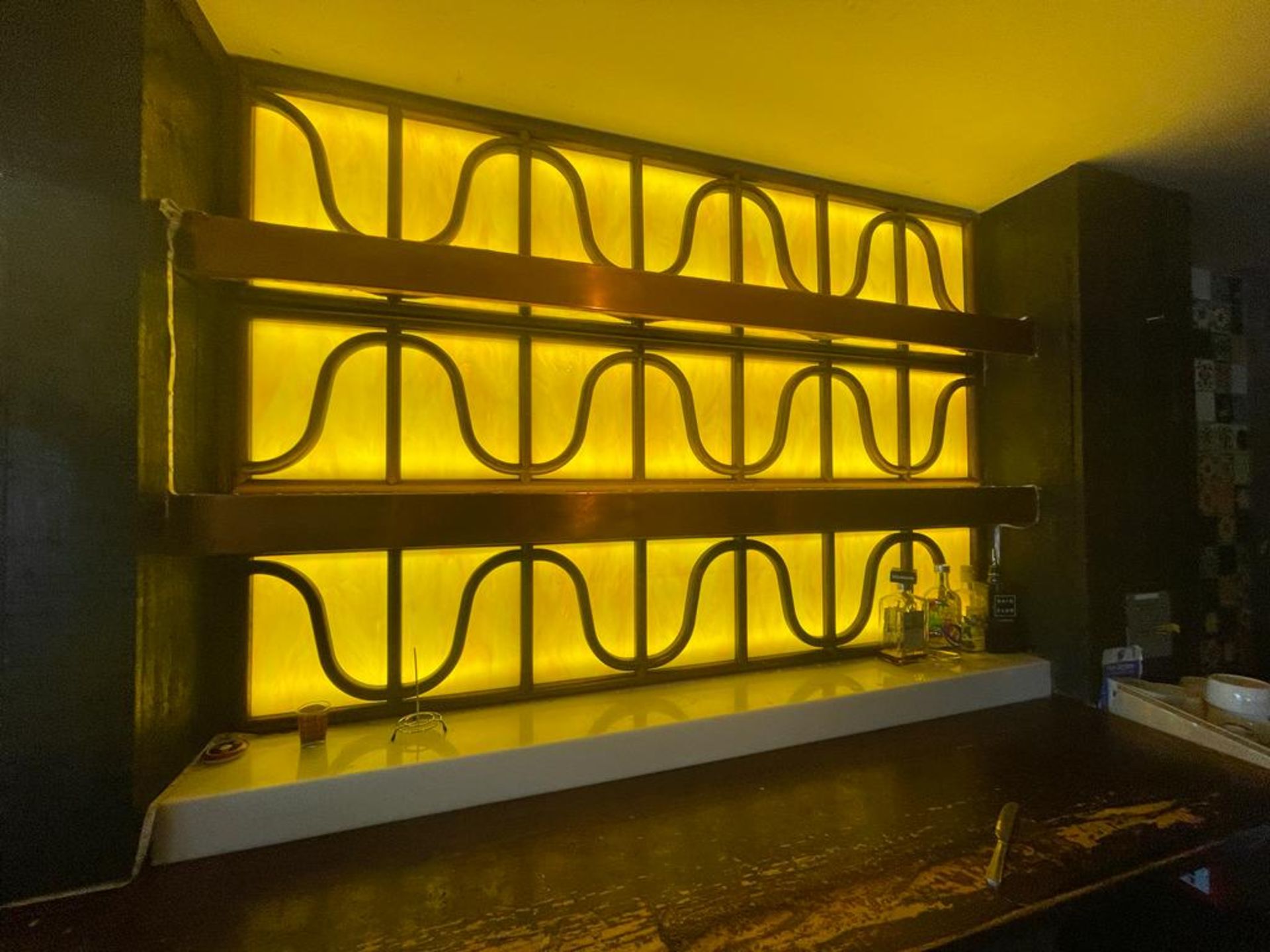 1 x Restaurant Back Bar Wall Area Including Copper Shelves, Opaque Back Panels and Bottle Shelves - Image 2 of 8