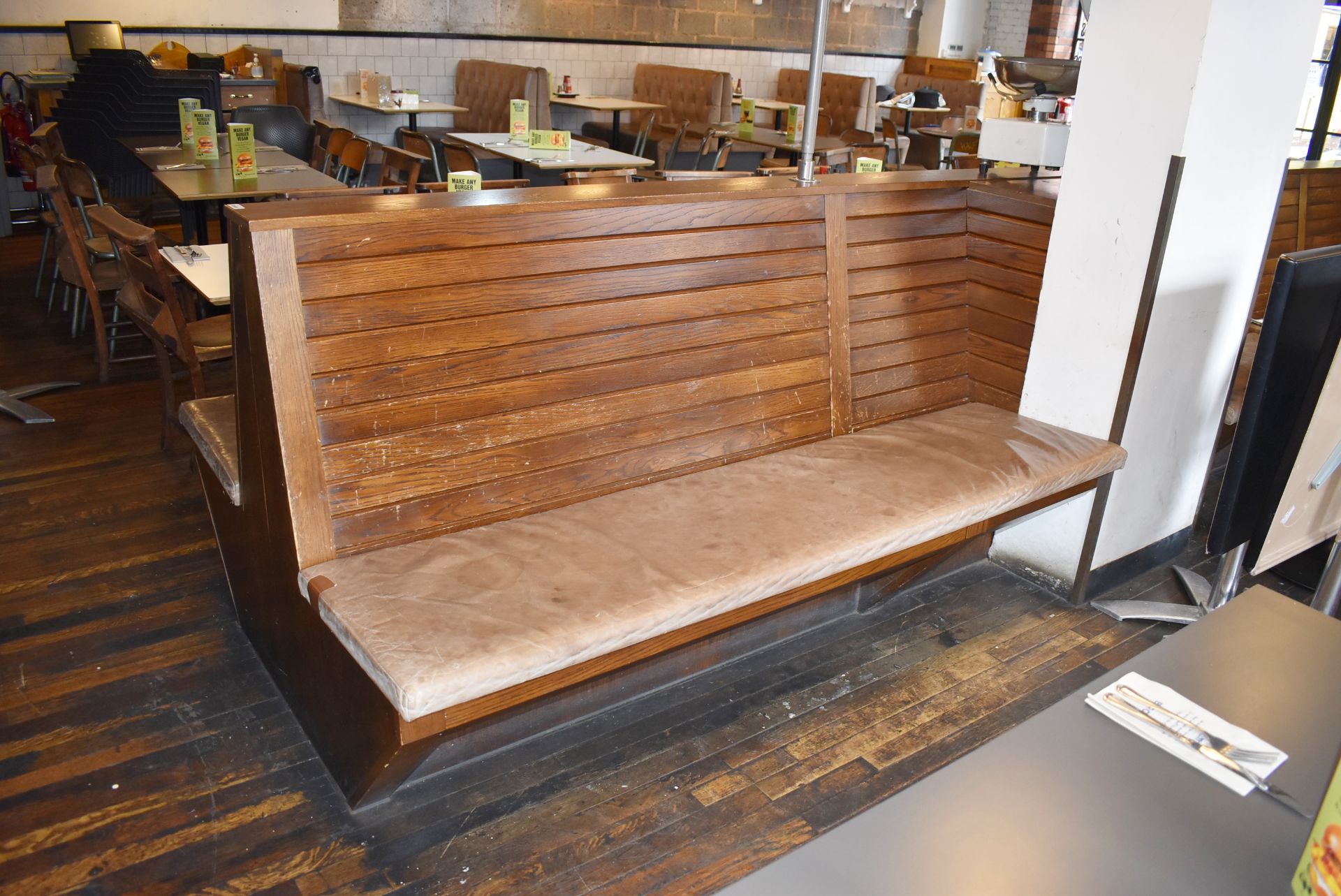 1 x Back to Back 23ft Seating Bench With Slatted Wood Backs and Brown Leather Seat Pads - Image 8 of 13