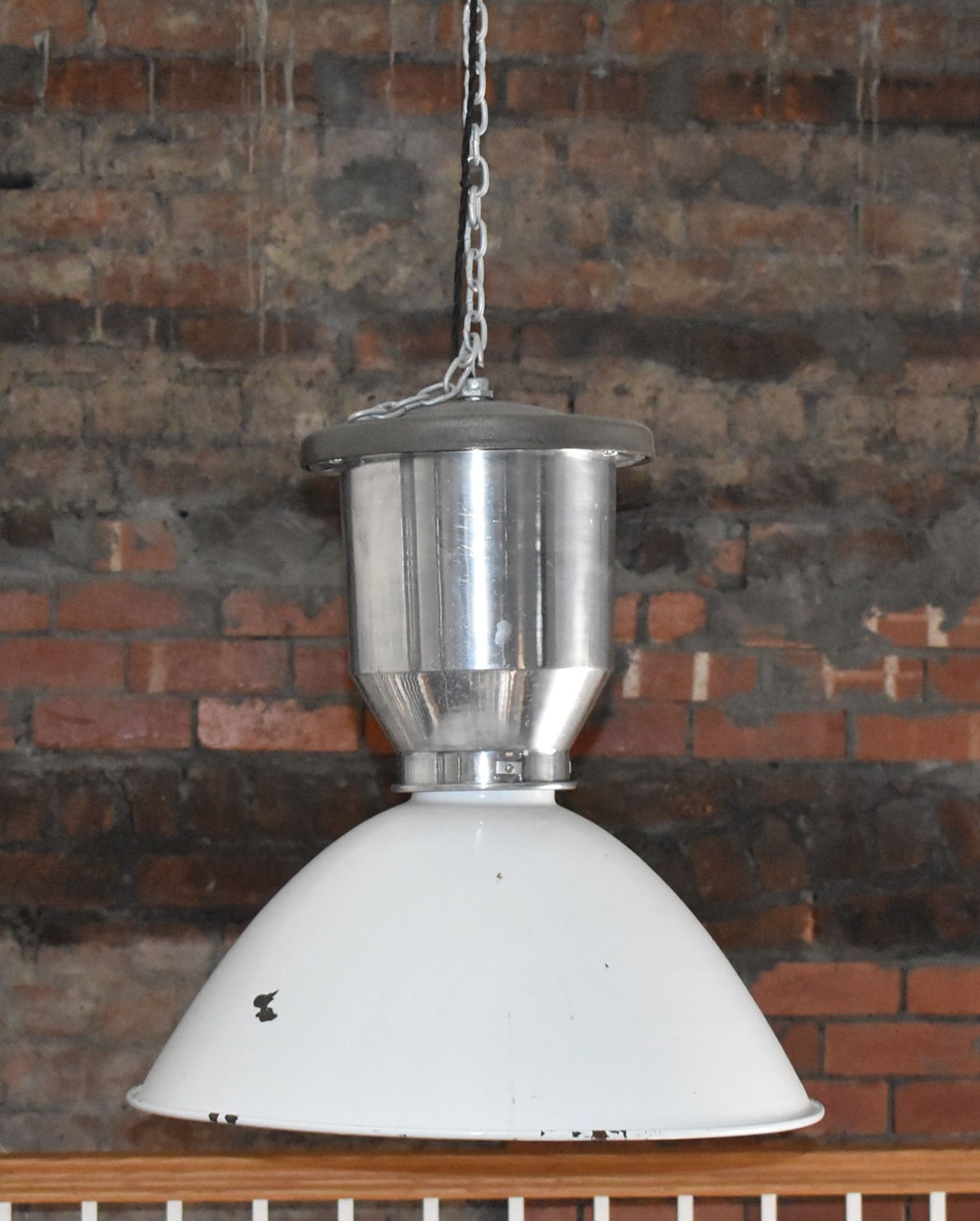 3 x Large Factory Lights With Enamelled Shades, Polished Aluminum Lamp Enclosure and Brushed Steel - Image 2 of 6