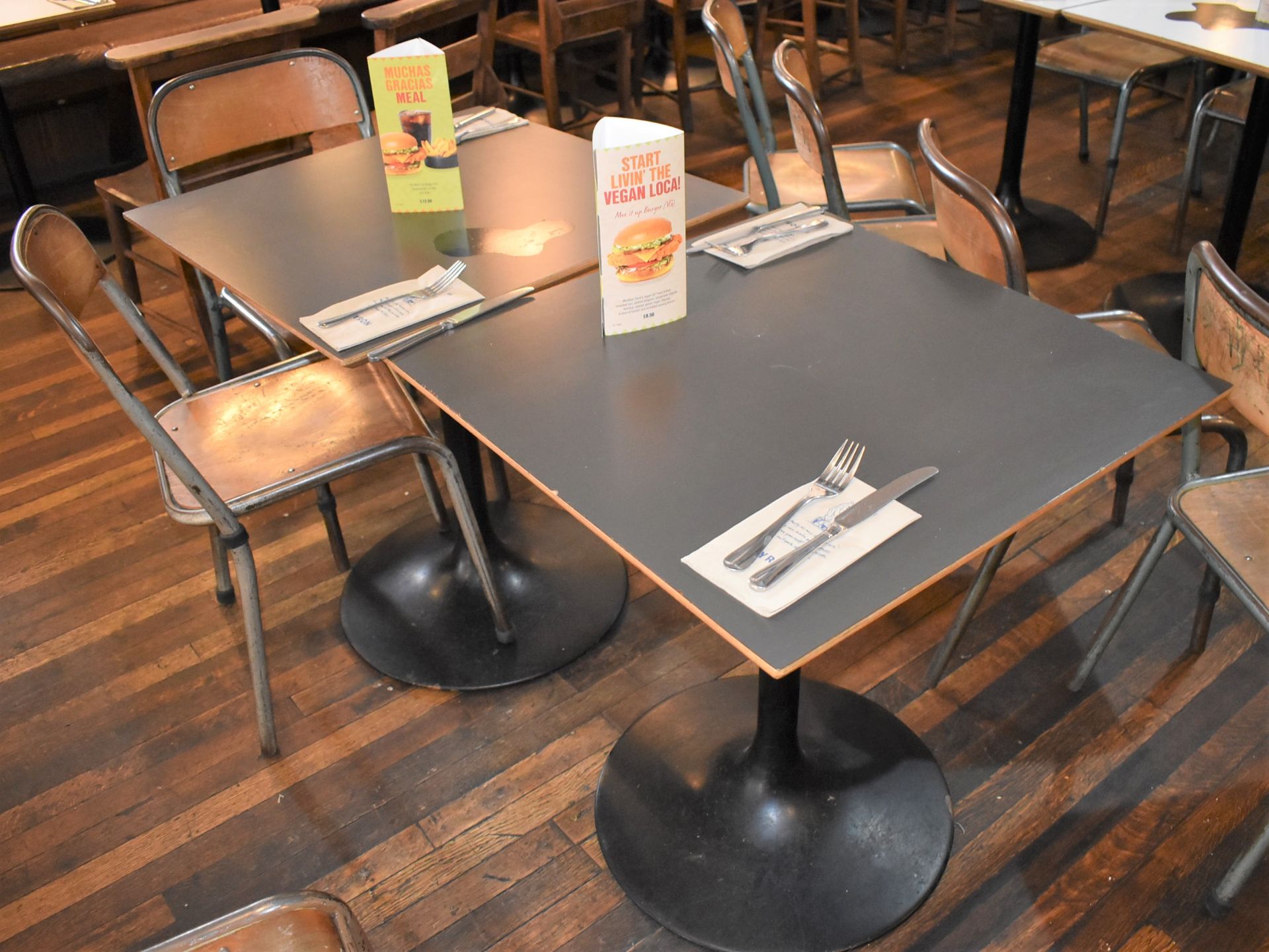 5 x Square Dining Tables With Black Tulip Bases and Dark Grey Laminate Tops