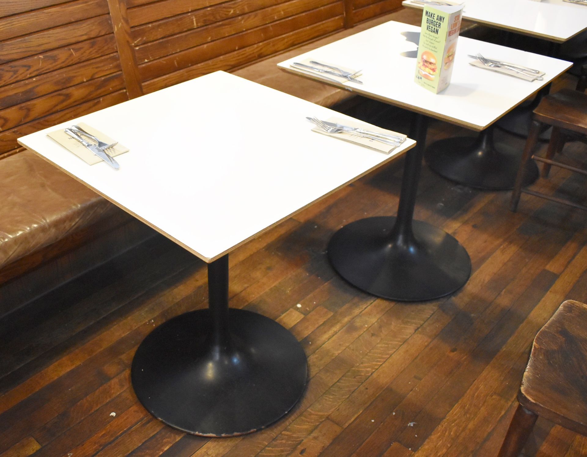 4 x Square Dining Tables With Black Tulip Bases and White Laminate Tops - Dimensions: H72 x W65 - Image 3 of 4