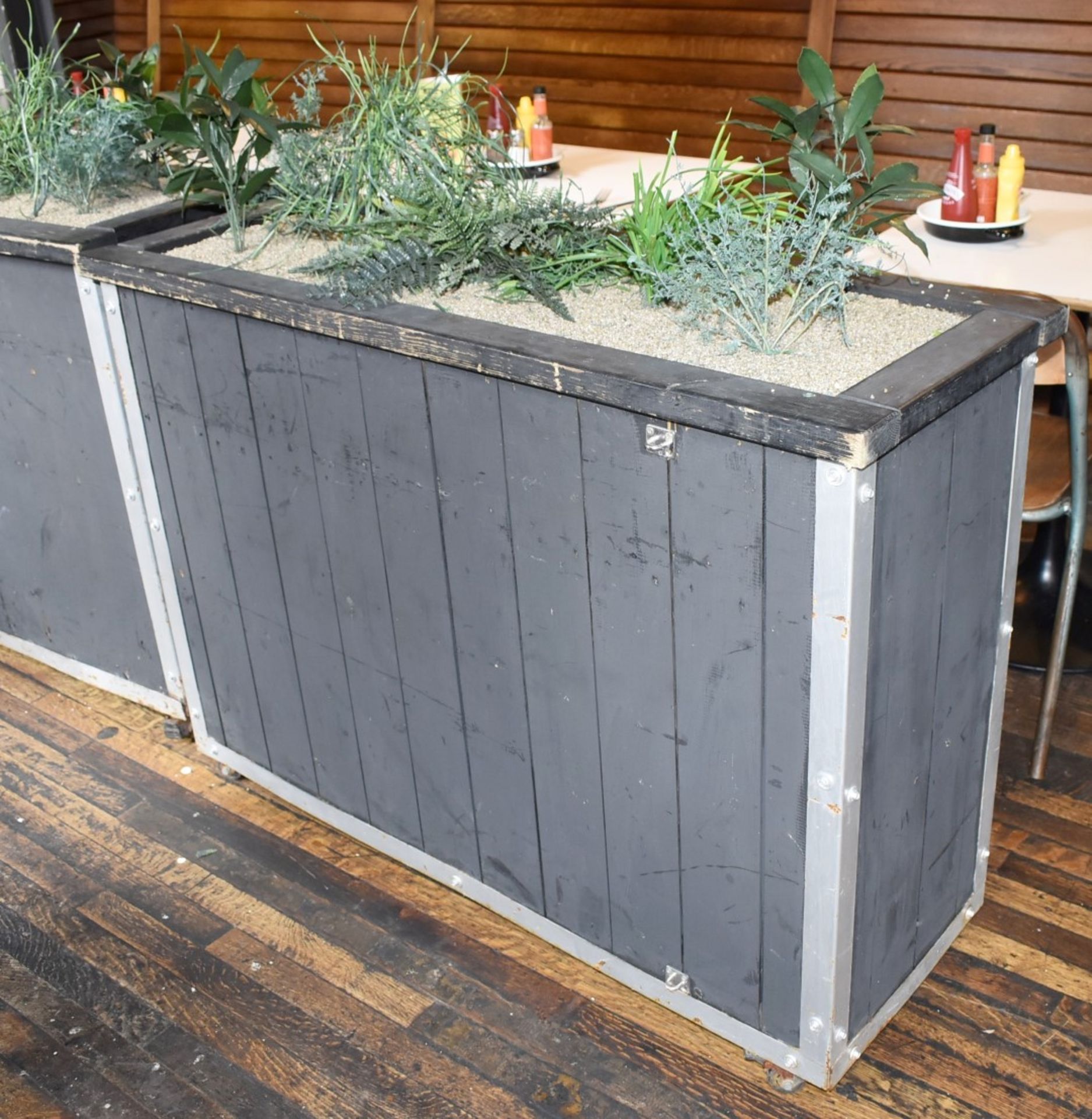 4 x Garden Planters on Wheels With Artificial Plants - Slatted Wooden Design in Grey