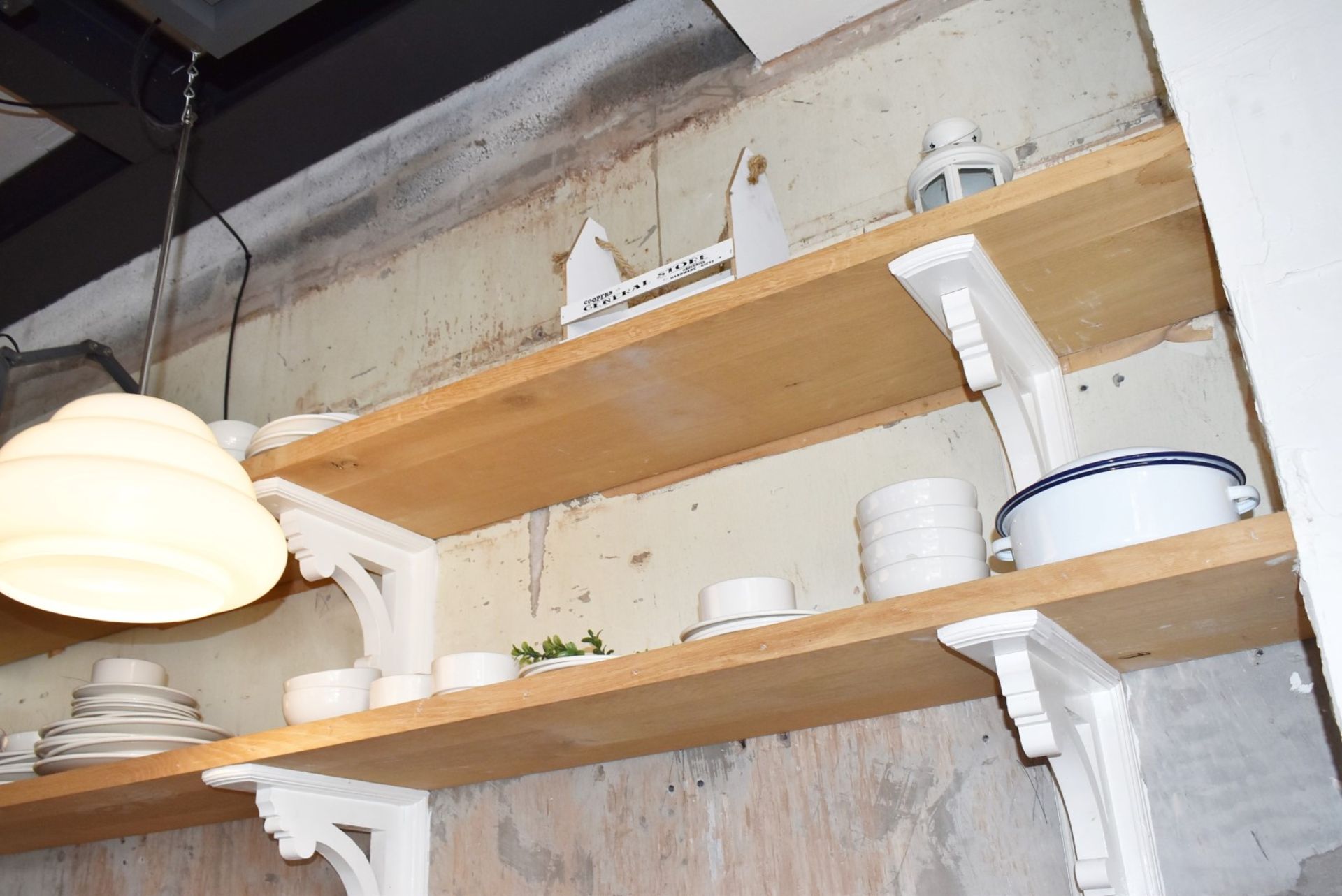 2 x 28ft Natural Oak Wall Shelves With Carved Wood Corbel Brackets Painted in White - Image 9 of 11