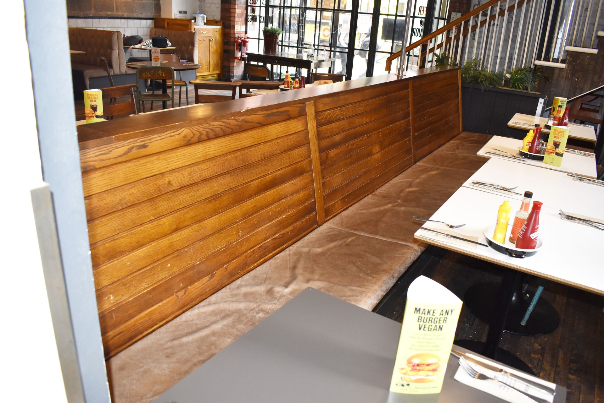 1 x Back to Back 23ft Seating Bench With Slatted Wood Backs and Brown Leather Seat Pads - Image 10 of 13