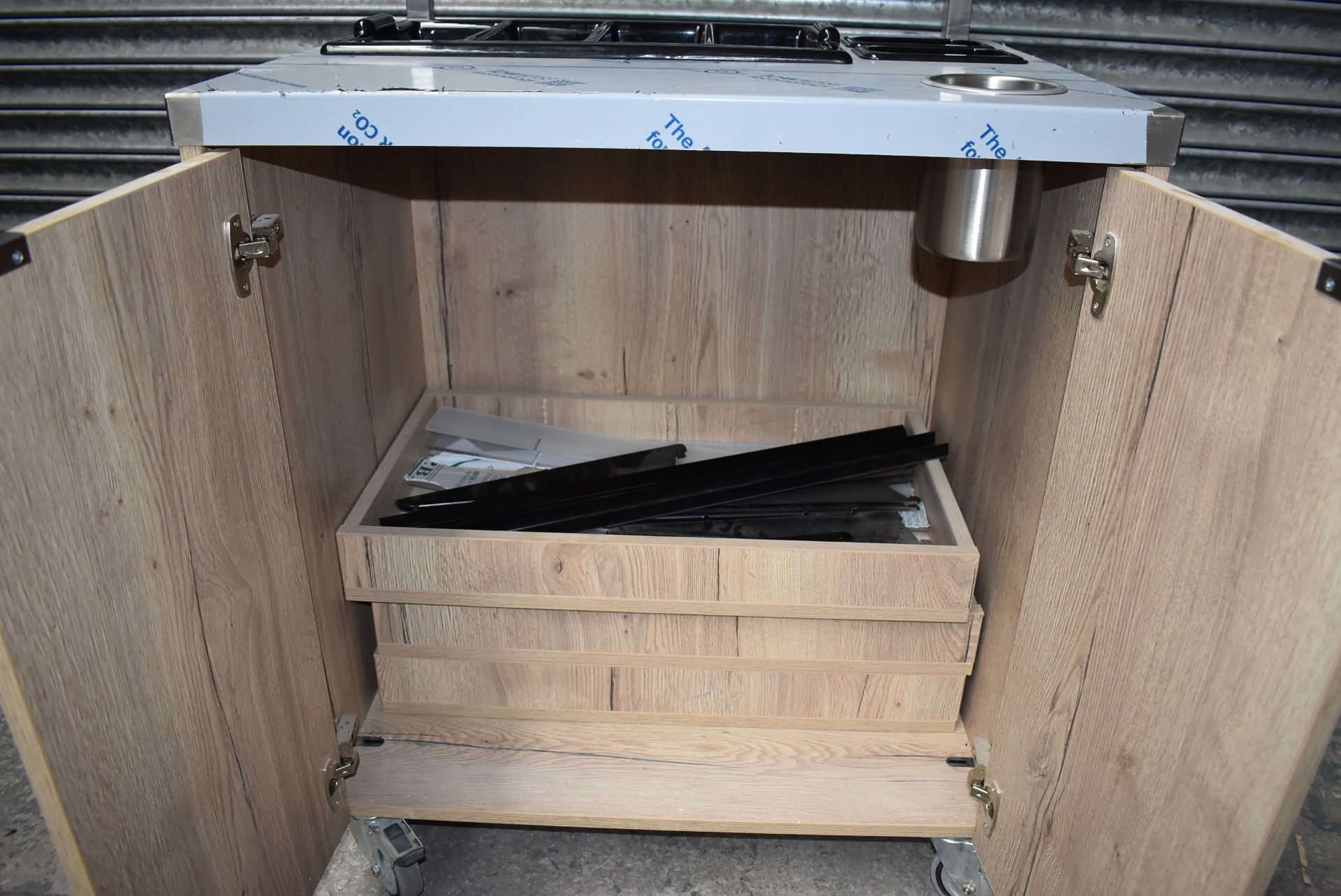 1 x Cutlery Service Trolley Featuring an Oak Cabinet With Internal Drawers, Stainless Steel - Image 2 of 13