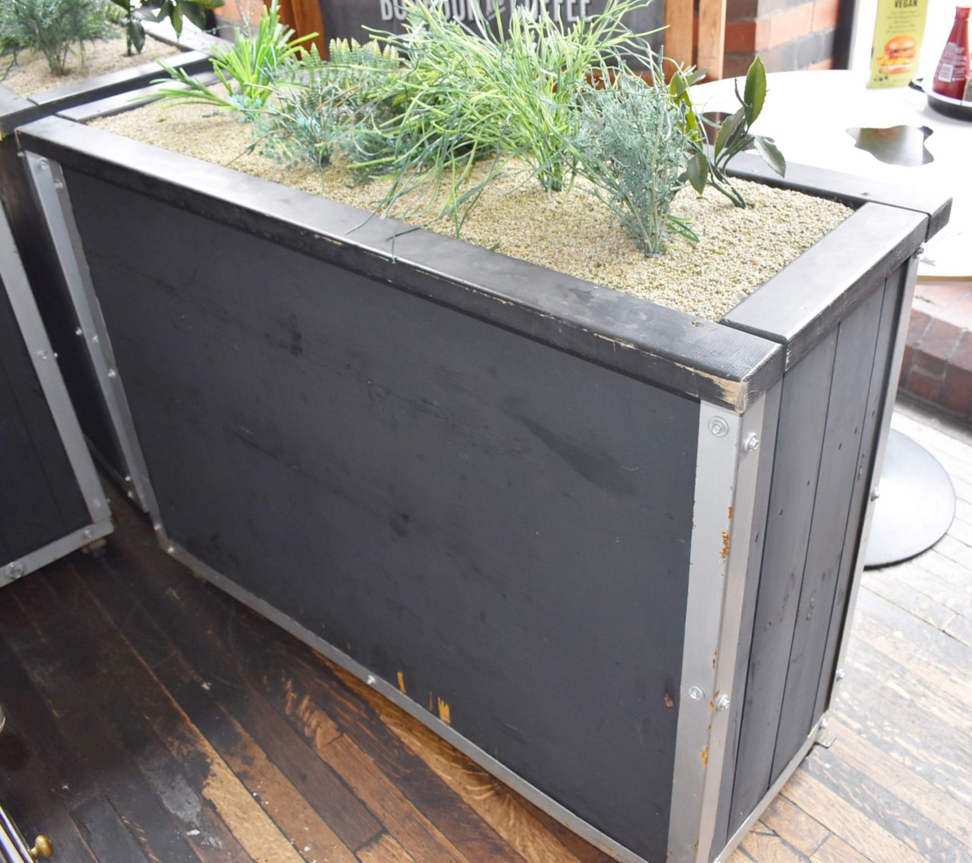 4 x Garden Planters on Wheels With Artificial Plants - Slatted Wooden Design in Grey - Image 6 of 8