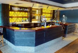 1 x Restaurant Bar Featuring a Rustic Wood Panel Fascia in Black and Mahogany Bar Top