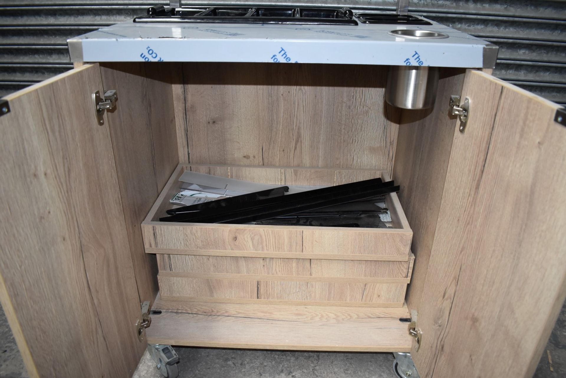 1 x Cutlery Service Trolley Featuring an Oak Cabinet With Internal Drawers, Stainless Steel - Image 9 of 13