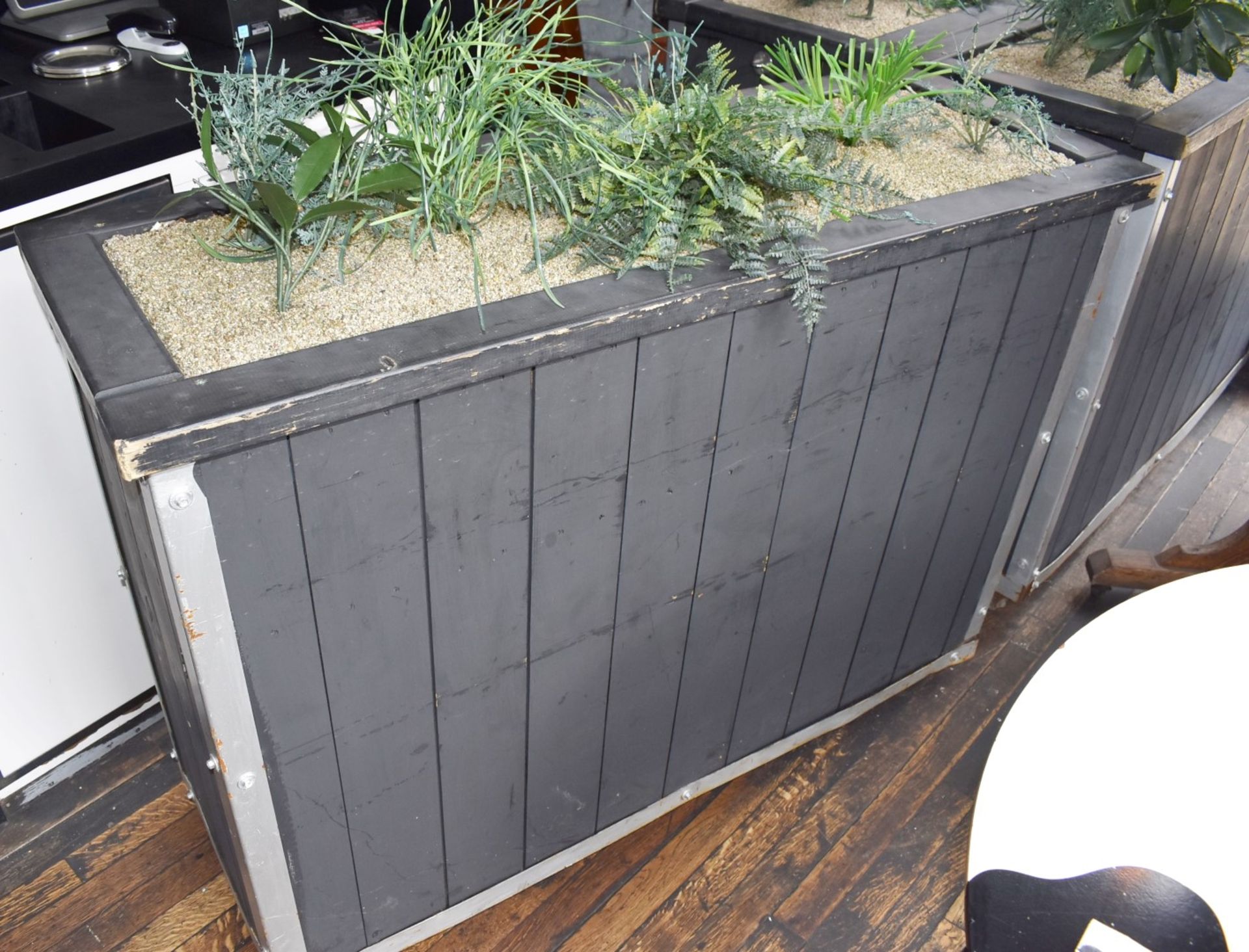 4 x Garden Planters on Wheels With Artificial Plants - Slatted Wooden Design in Grey - Image 7 of 8