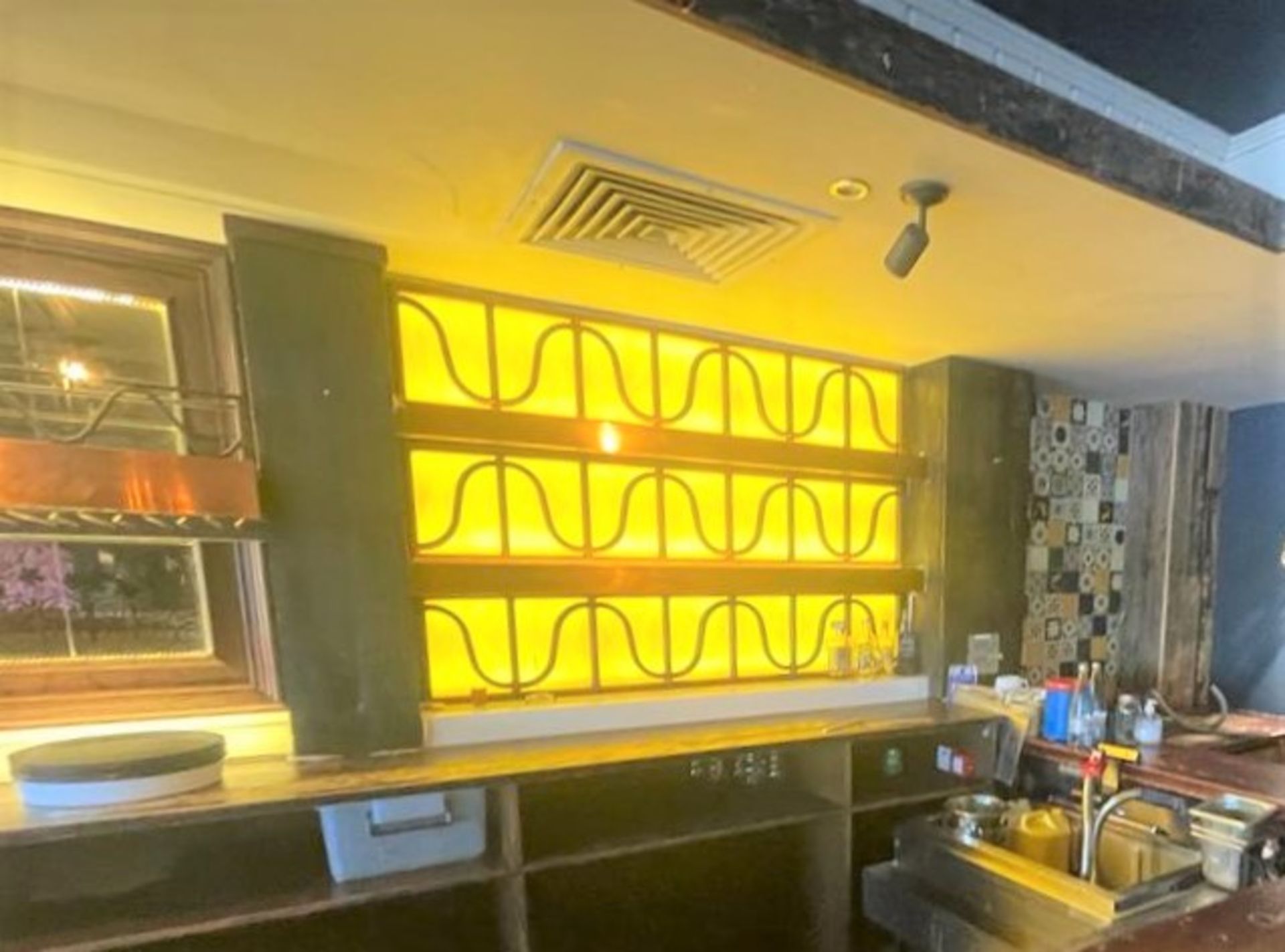 1 x Restaurant Back Bar Wall Area Including Copper Shelves, Opaque Back Panels and Bottle Shelves - Image 2 of 8