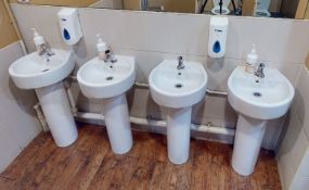 6 x Ideal Standard Bathroom Sink Basins With Pedestals and Push Control Chrome Mixer Taps