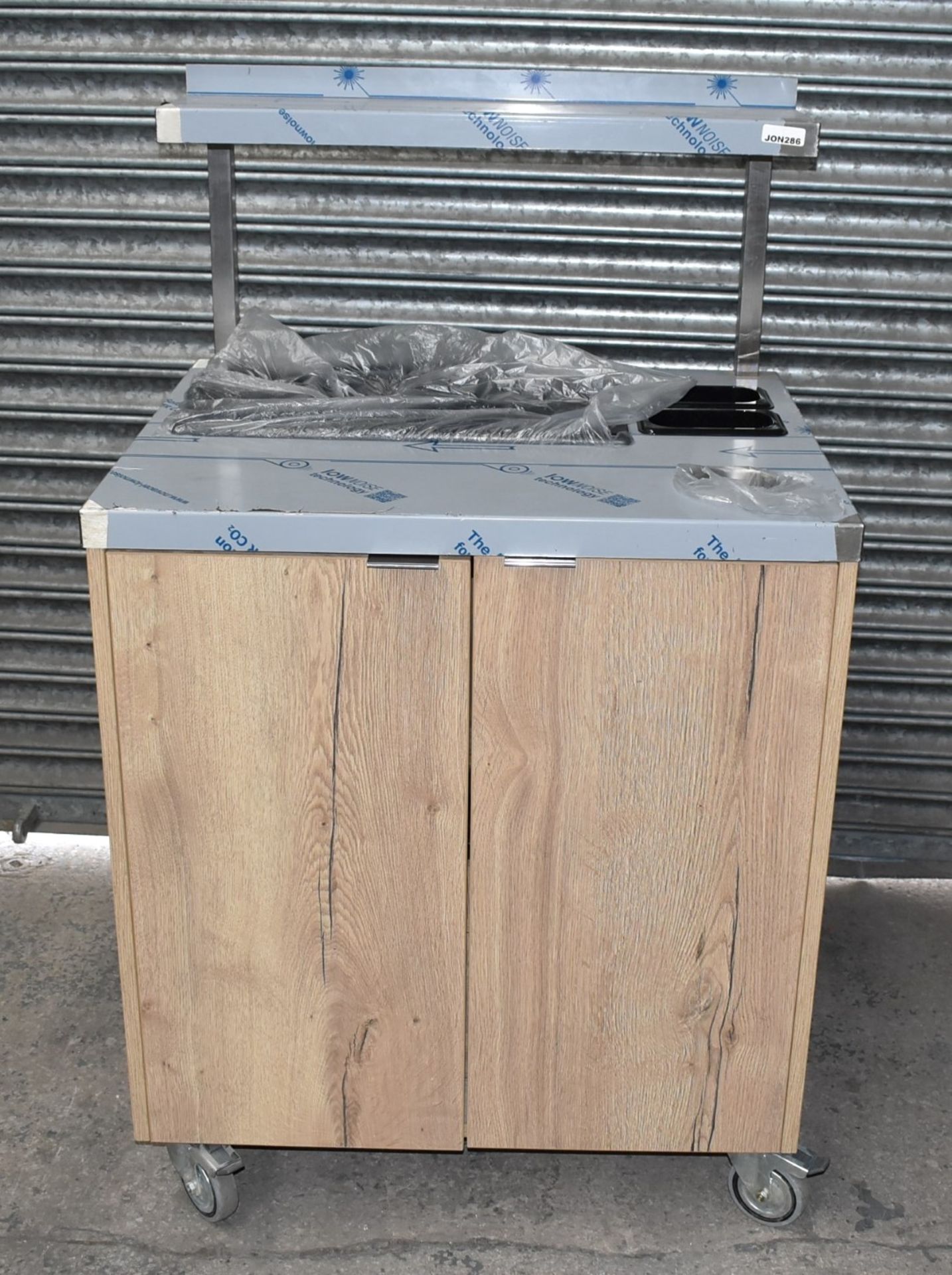 1 x Cutlery Service Trolley Featuring an Oak Cabinet With Internal Drawers, Stainless Steel - Image 3 of 13