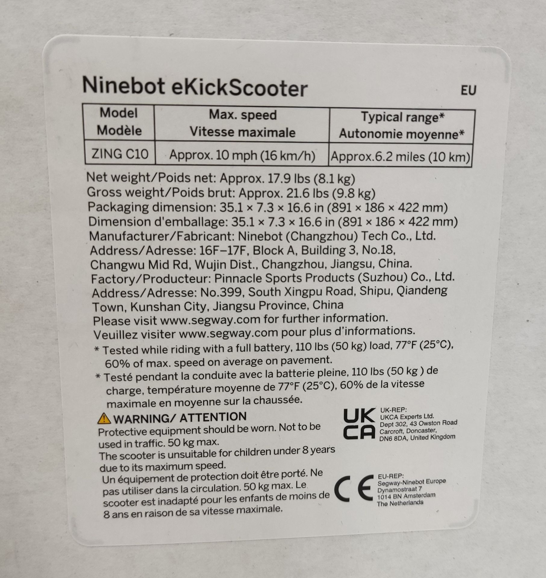 1 x SEGWAY Ninebot Zing C10 Grey Ekickscooter - New/Boxed - Original RRP £189 - Ref: 7052453/ - Image 15 of 17