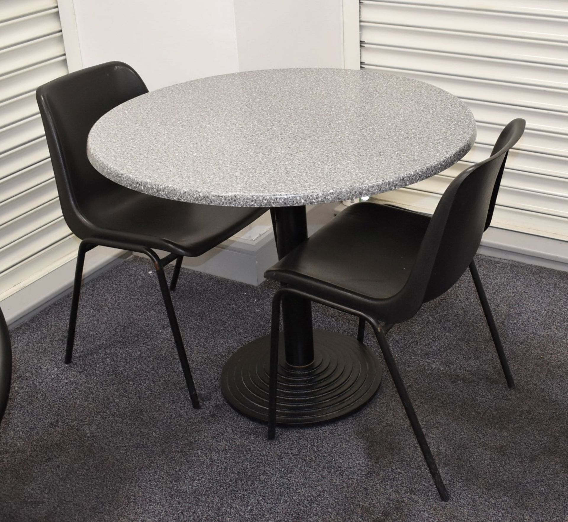 4 x Canteen Tables and 8 x Stackable Chairs - Granite Effect 90cm Table Tops With Cast Iron - Image 4 of 6