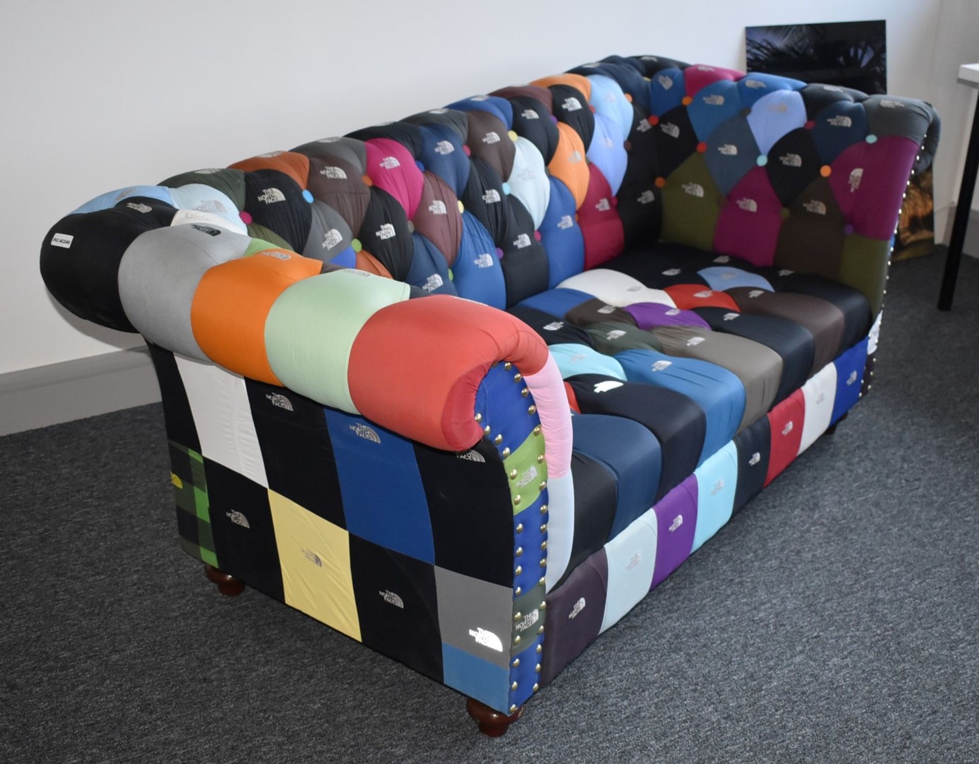 1 x Chesterfield Style Sofa Upholstered in North Face Stitched Fabrics - Image 8 of 10
