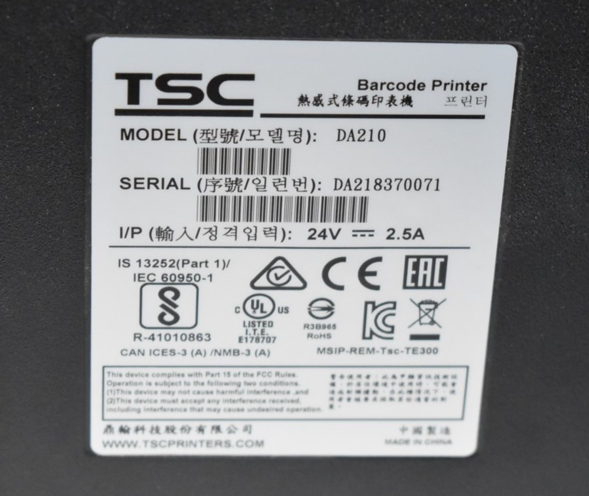 1 x TSC Direct Thermal USB Barcode Printer - Model DA210 - Includes Part Used Roll of Labels - Image 5 of 6