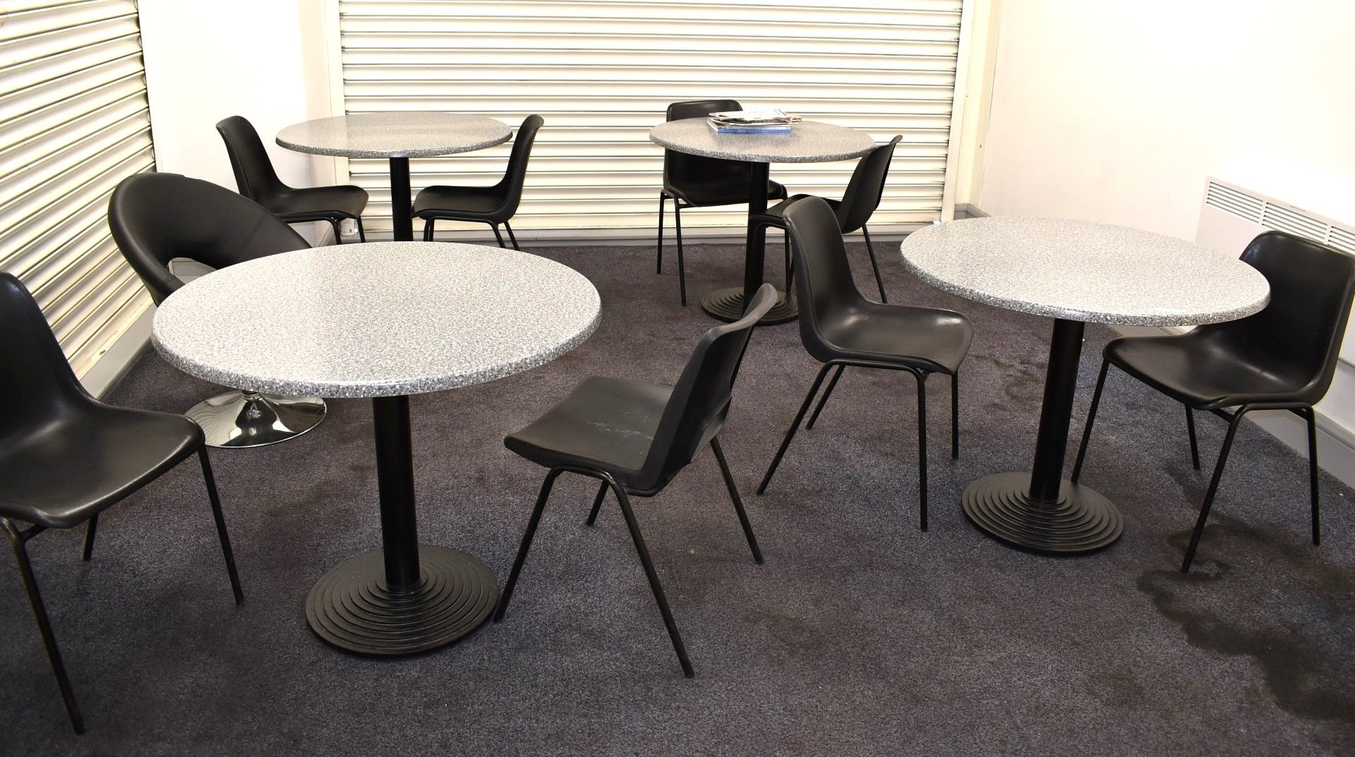 4 x Canteen Tables and 8 x Stackable Chairs - Granite Effect 90cm Table Tops With Cast Iron