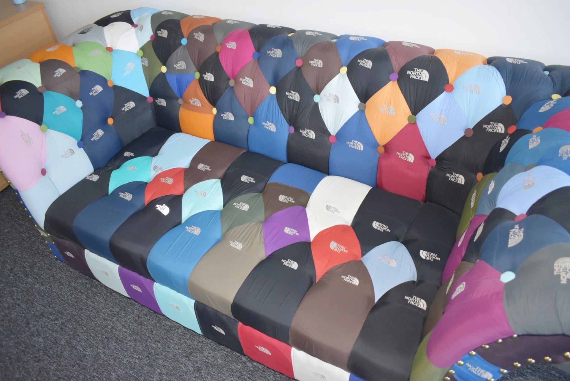1 x Chesterfield Style Sofa Upholstered in North Face Stitched Fabrics - Image 3 of 10