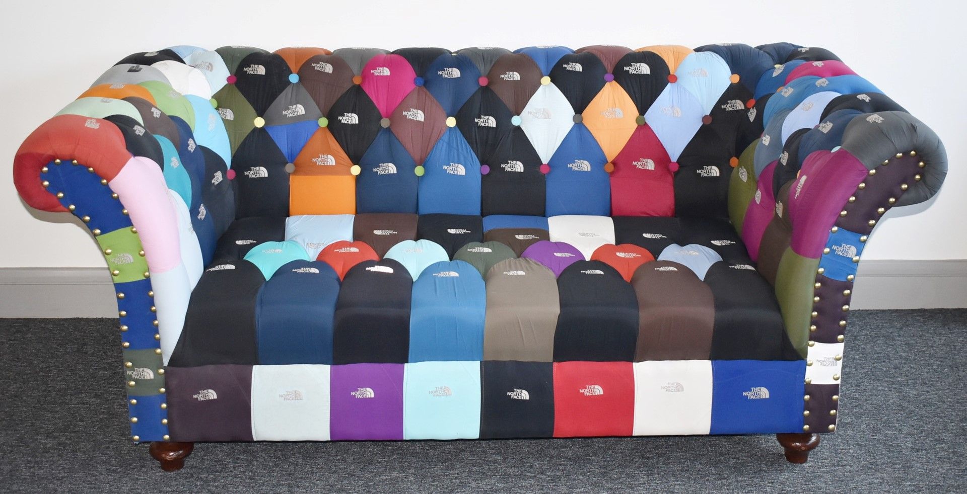 1 x Chesterfield Style Sofa Upholstered in North Face Stitched Fabrics
