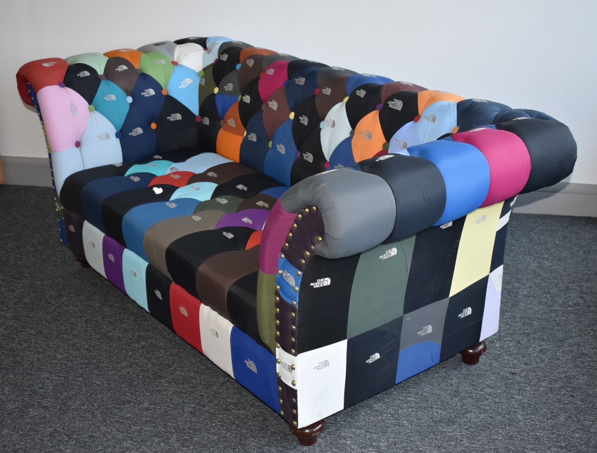 1 x Chesterfield Style Sofa Upholstered in North Face Stitched Fabrics - Image 10 of 10