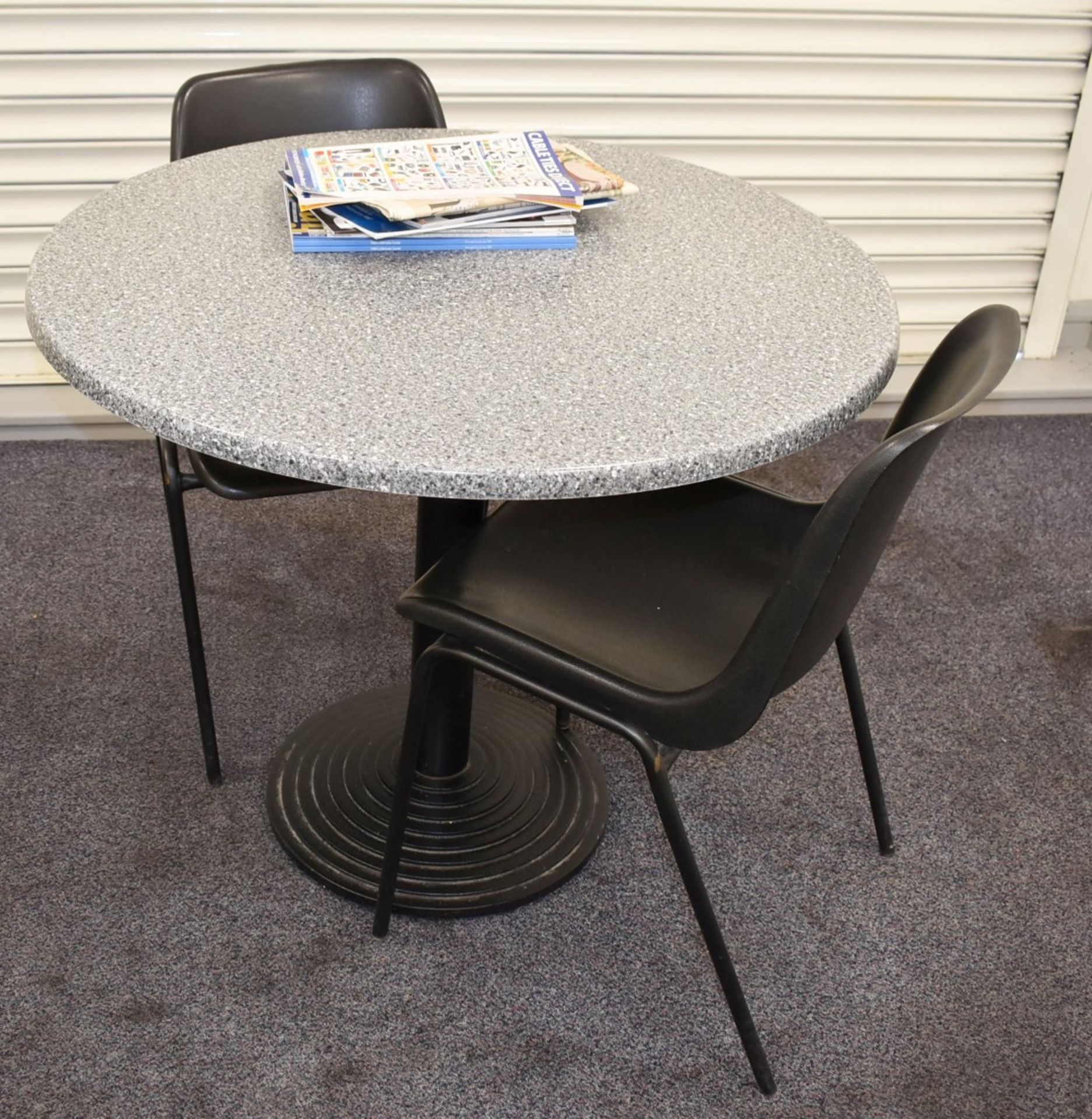 4 x Canteen Tables and 8 x Stackable Chairs - Granite Effect 90cm Table Tops With Cast Iron - Image 3 of 6