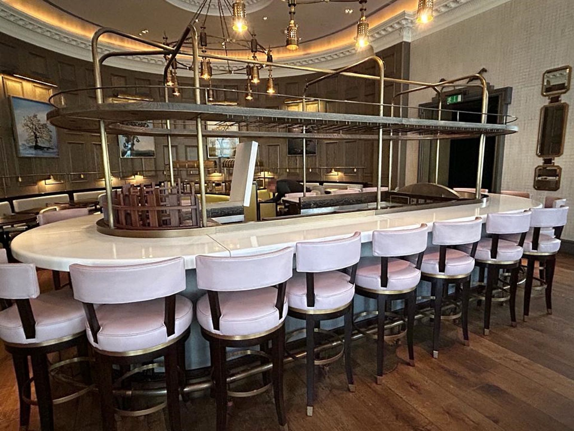 1 x Luxury Curved Restaurant 5.5-Metre Centrepiece Bar, Clad in Timber & Leather with 18 x Stools - Image 3 of 72