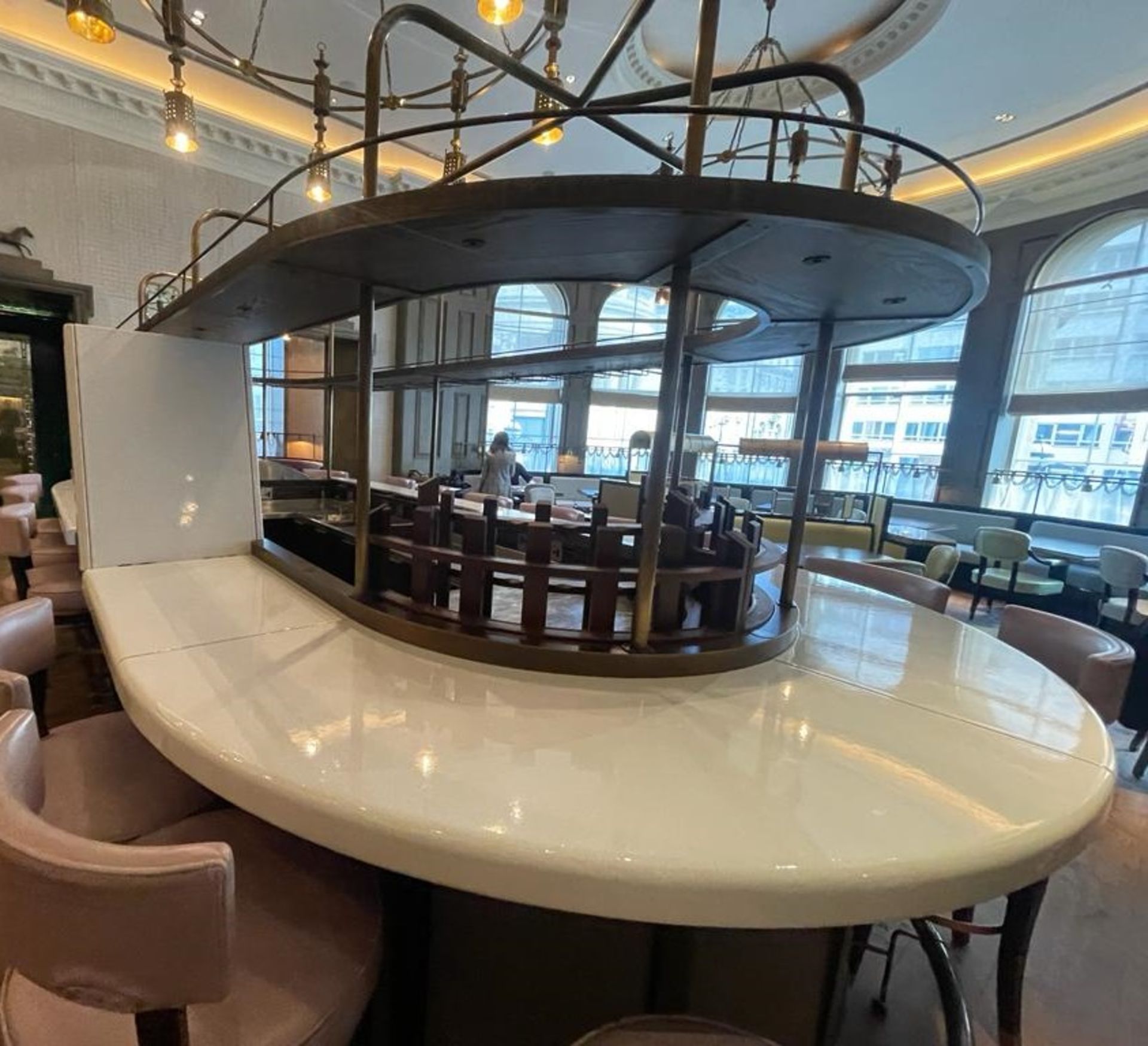 1 x Luxury Curved Restaurant 5.5-Metre Centrepiece Bar, Clad in Timber & Leather with 18 x Stools - Image 43 of 72