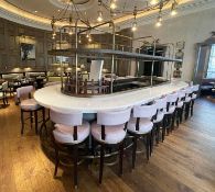 1 x Luxury Curved Restaurant 5.5-Metre Centrepiece Bar, Clad in Timber & Leather with 18 x Stools
