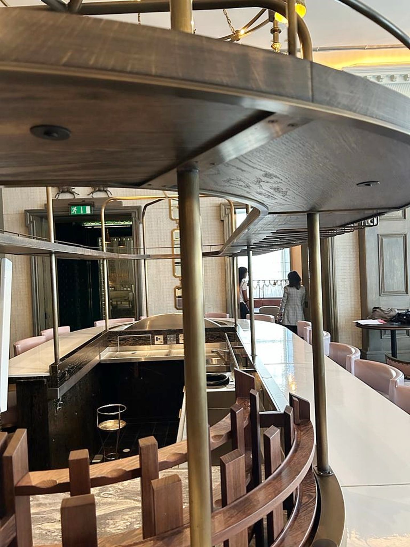 1 x Luxury Curved Restaurant 5.5-Metre Centrepiece Bar, Clad in Timber & Leather with 18 x Stools - Image 47 of 72