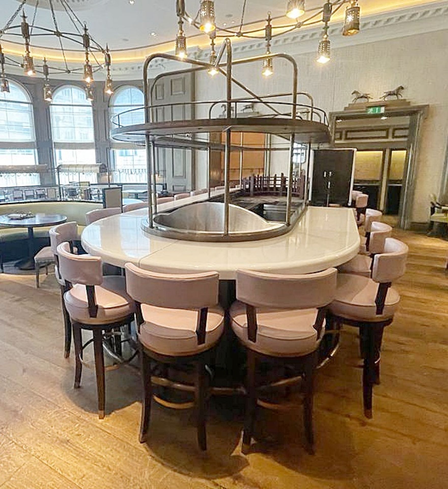 1 x Luxury Curved Restaurant 5.5-Metre Centrepiece Bar, Clad in Timber & Leather with 18 x Stools - Image 26 of 72