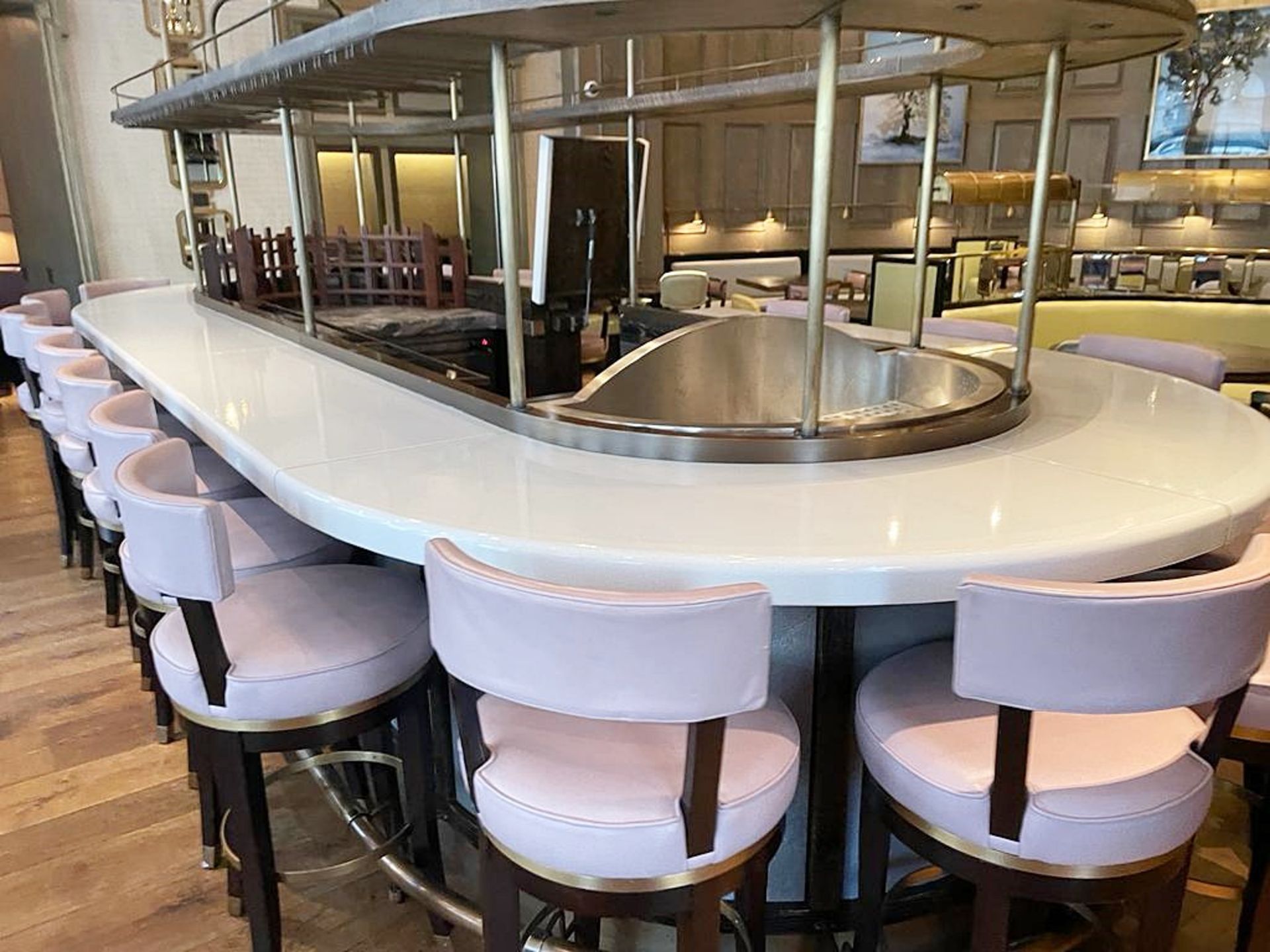 1 x Luxury Curved Restaurant 5.5-Metre Centrepiece Bar, Clad in Timber & Leather with 18 x Stools - Image 2 of 72