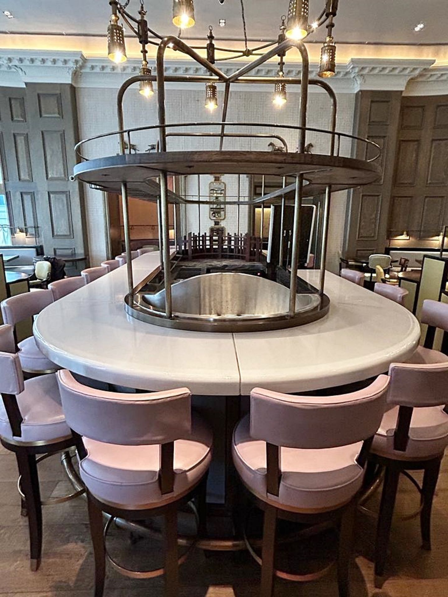 1 x Luxury Curved Restaurant 5.5-Metre Centrepiece Bar, Clad in Timber & Leather with 18 x Stools - Image 64 of 72