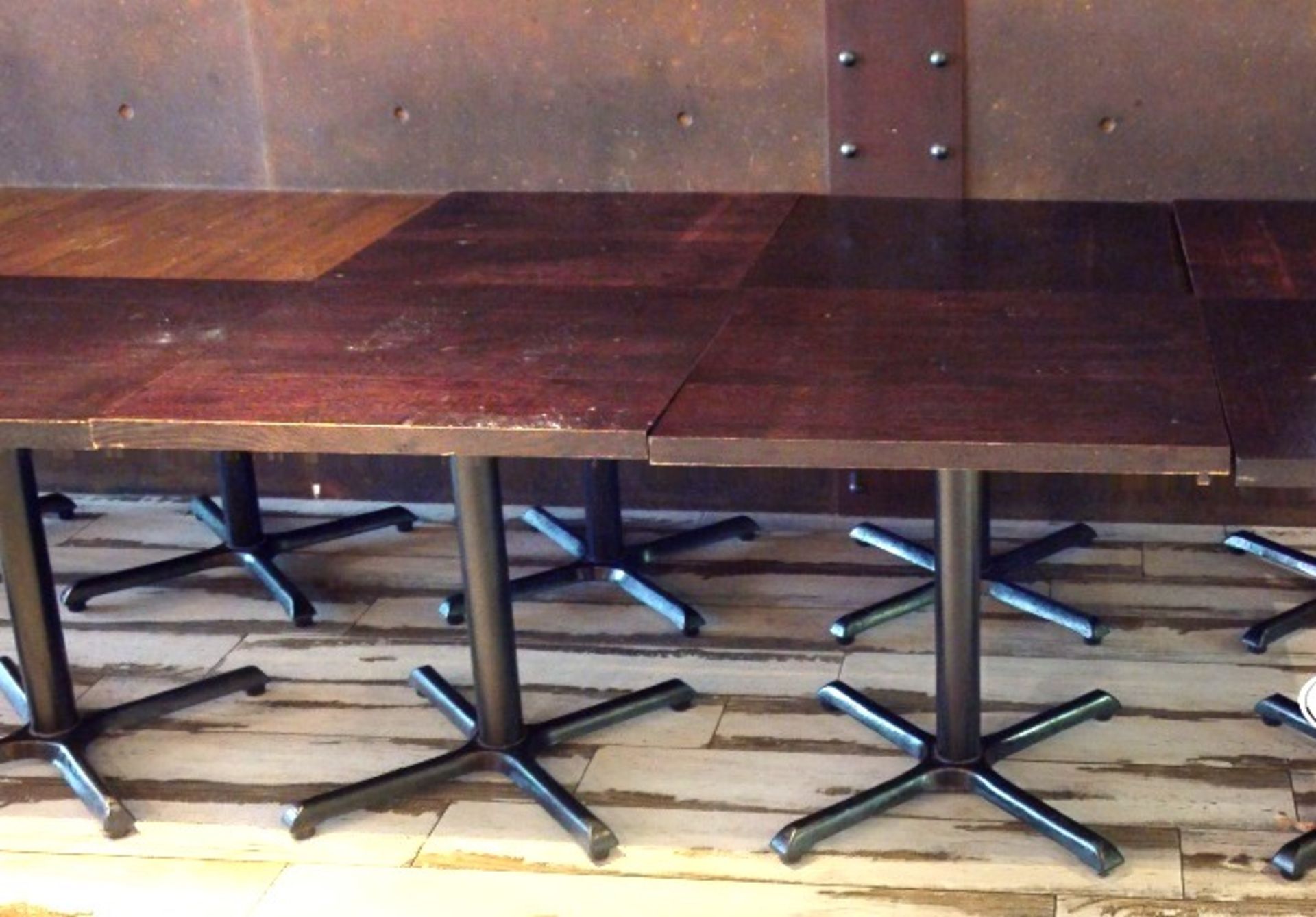 4 x Square Restaurant Tables With Dark Brown Wooden Tops and Cast Iron Bases - Image 2 of 3
