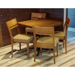 4 x Wooden Dining Chairs With Mustard Leather Seat Cushions
