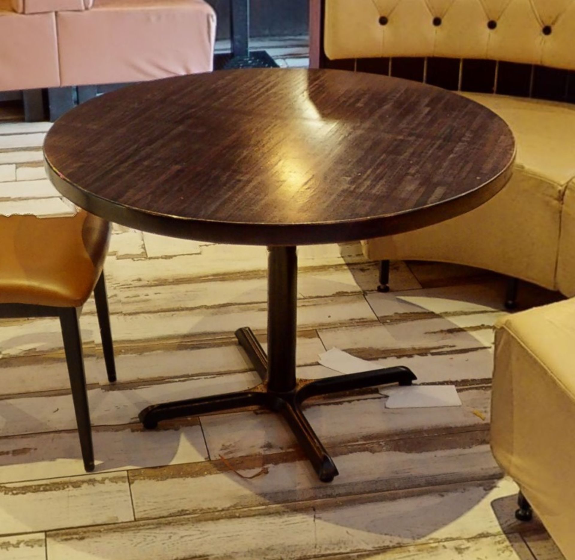 3 x Round Restaurant Tables With Dark Brown Wooden Tops and Cast Iron Bases