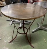 5 x Restaurant Tables Featuring Round Wooden Tops and Wrought Iron Bages Finished in Red