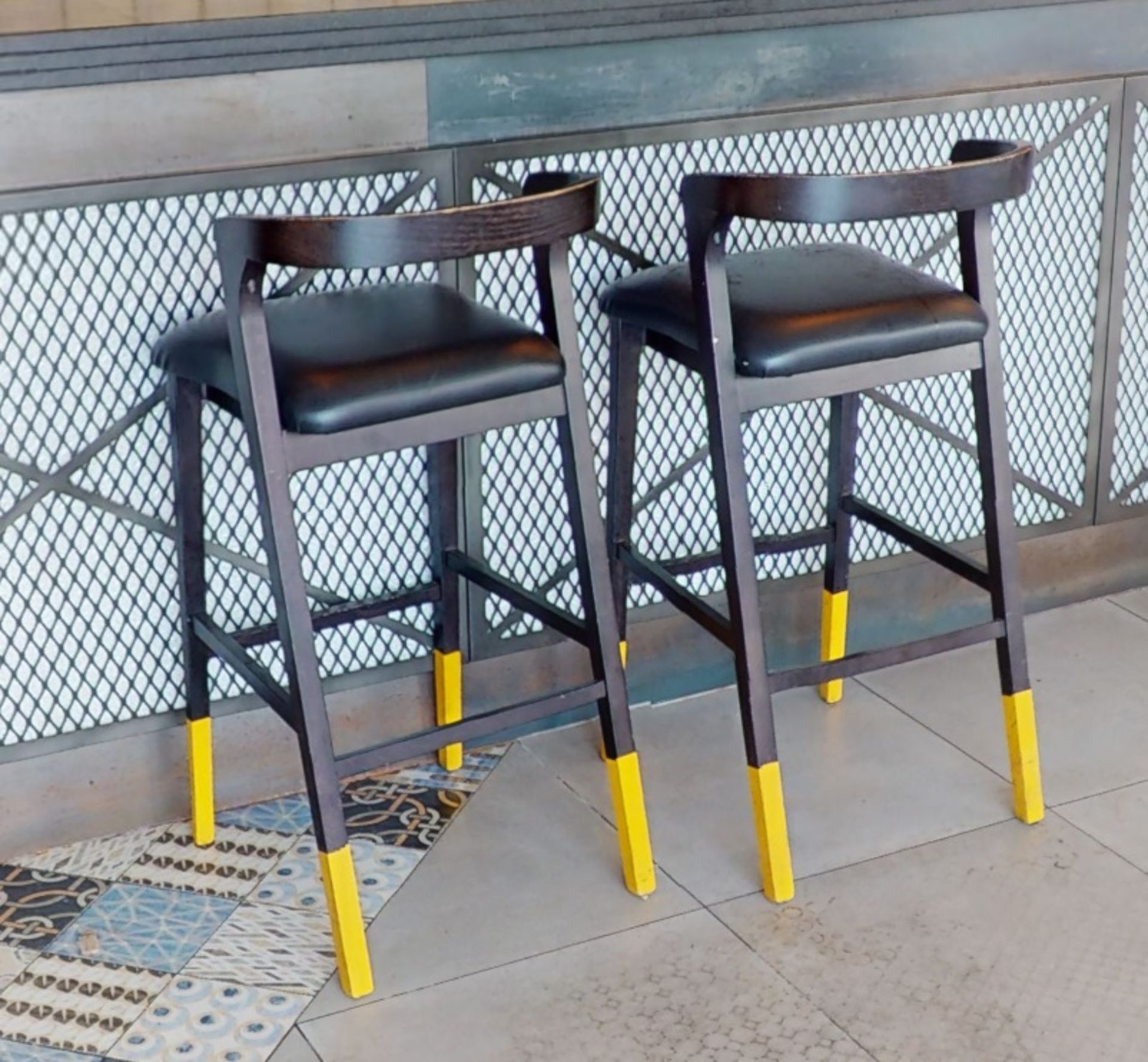 2 x Bar Stools Featuring a Wenge Wood Finish, Curved Wood Back Rests and Leather Seat Rests