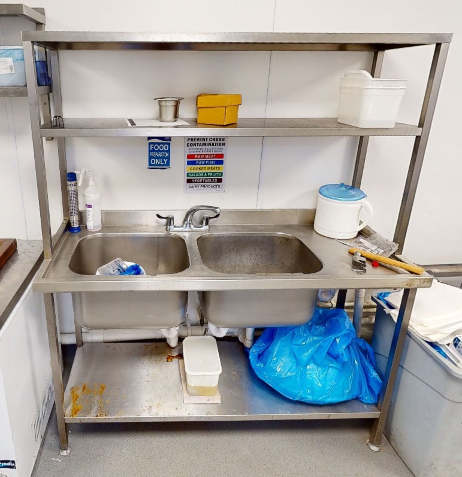 1 x Stainless Steel Twin Sink Unit With Mixer Tap and Overhead Shelves - Approx Width 150cms