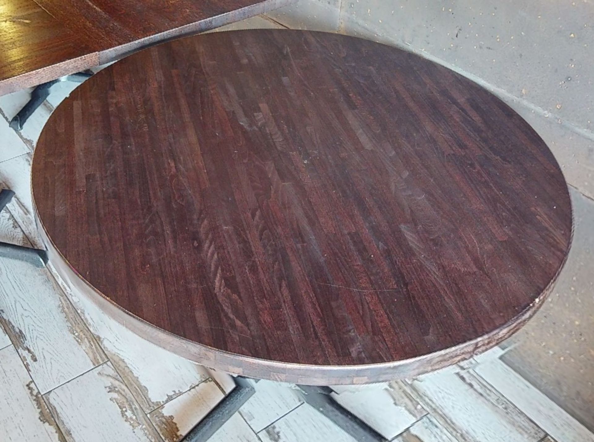 3 x Round Restaurant Tables With Dark Brown Wooden Tops and Cast Iron Bases - Image 3 of 4