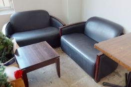 2 x Leather Sofas With Wooden Armrests