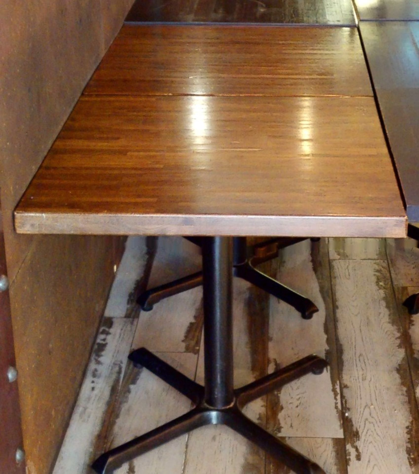 4 x Square Restaurant Tables With Light Brown Wooden Tops and Cast Iron Bases