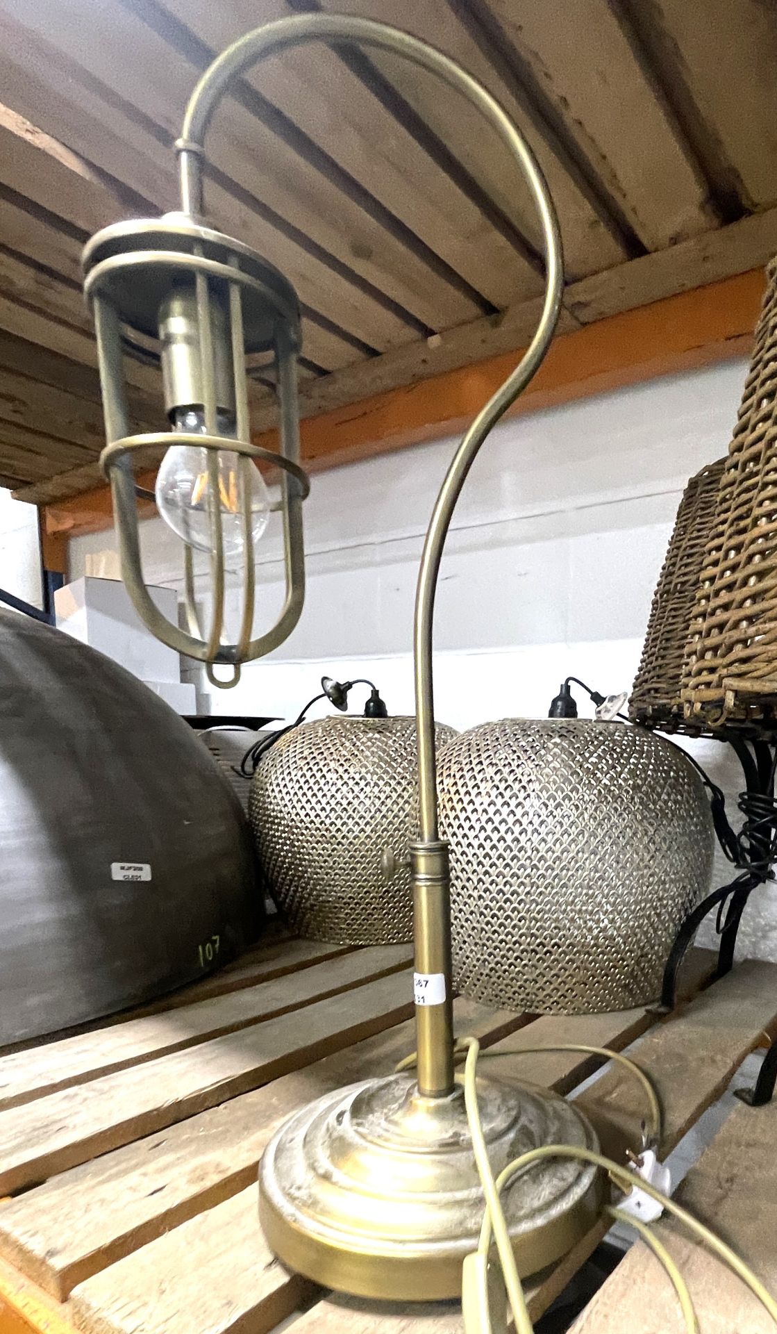 1 x Large Swan Neck Brass Table Lamp With Cage Light and Inline On/Off Switch - Height 73cms - Image 2 of 2