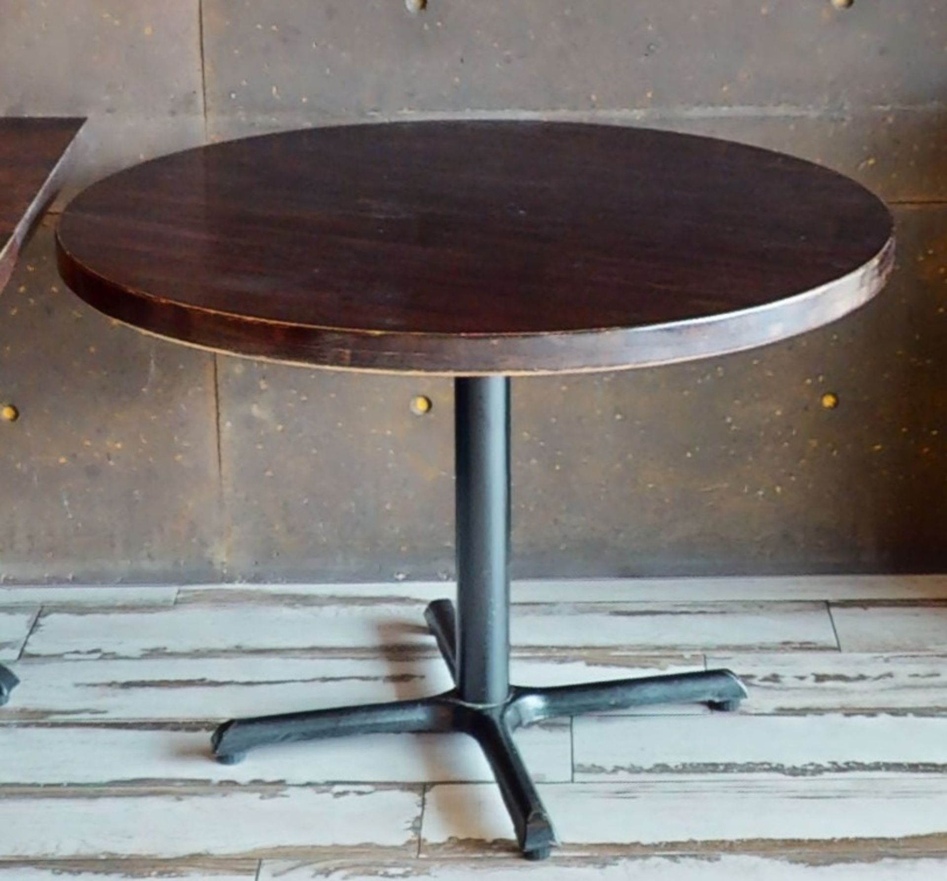 3 x Round Restaurant Tables With Dark Brown Wooden Tops and Cast Iron Bases - Image 2 of 4